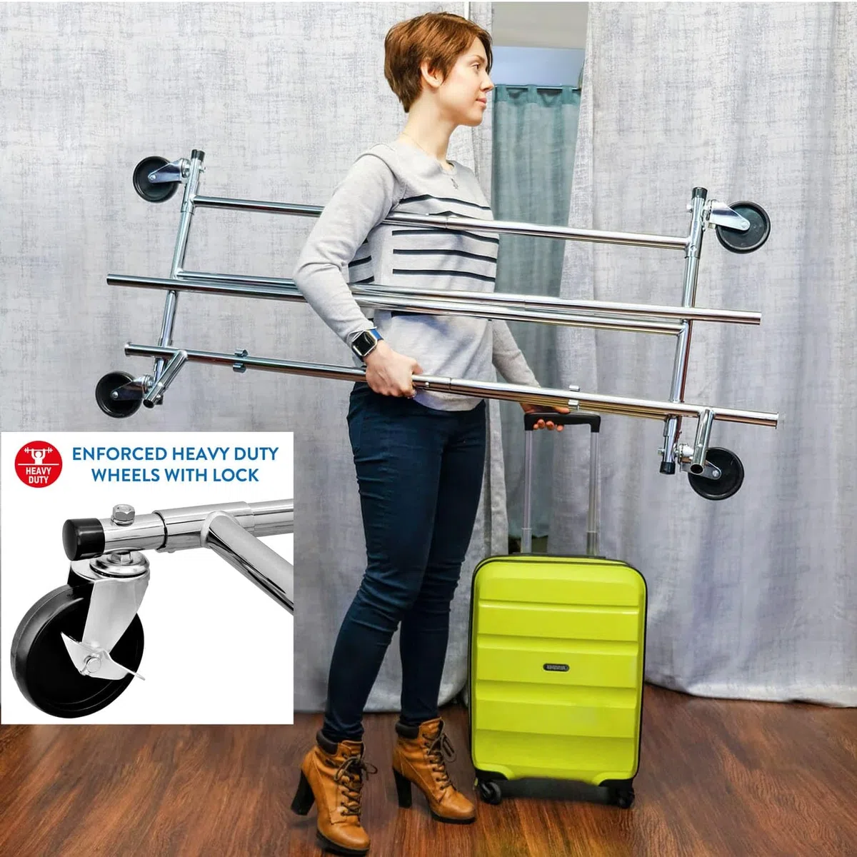 Tatkraft Drogo Buro Ropa Profesional con Ruedas, Hasta 100kg, Acero Cromado | Burro de Ropa, Plegable, 127.5-187x62x144-169cm, Montaje Rápido 1 min, Buro para Ropa Resistente, Colgadores de Ropa