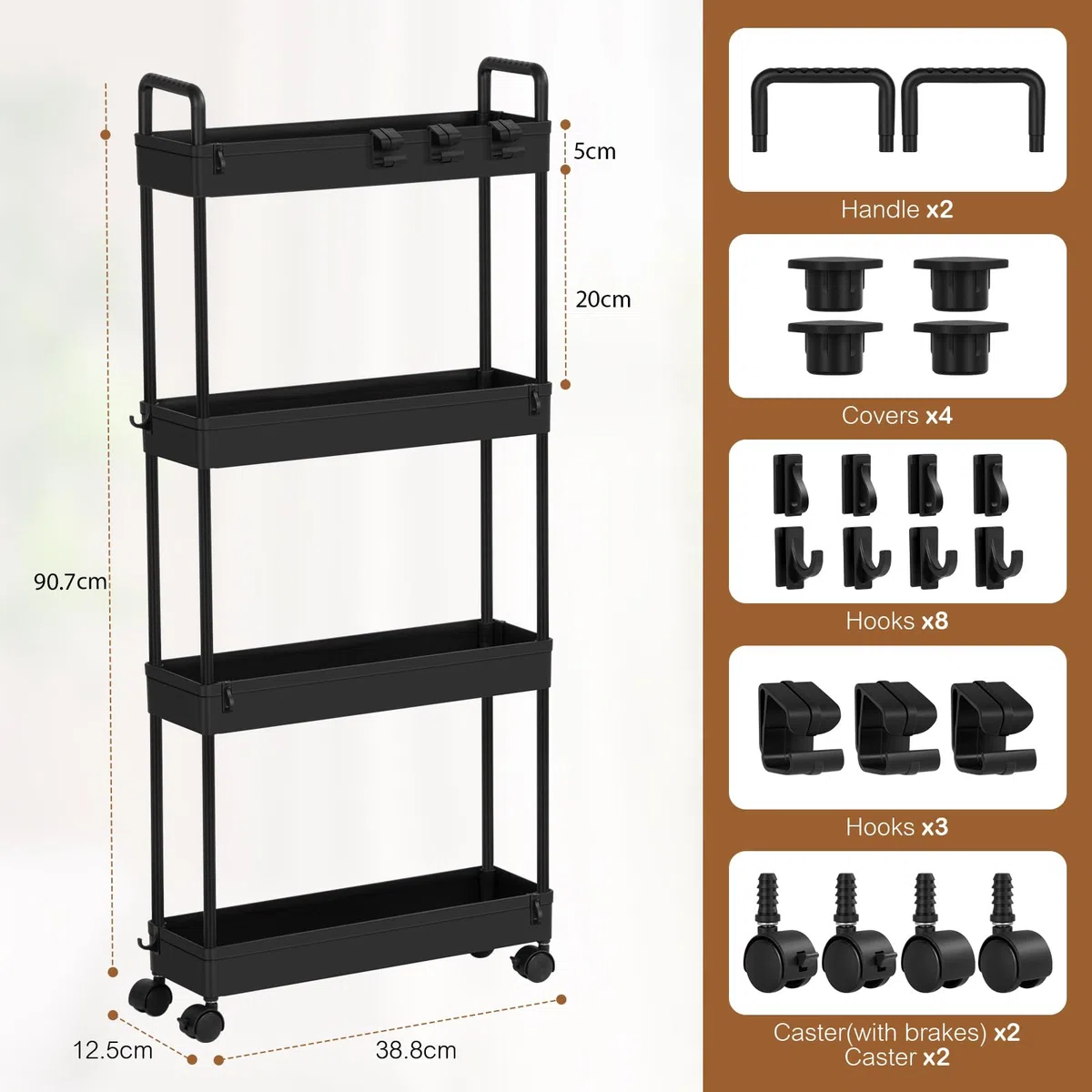 FoiiLiio Carrito Auxiliar de 4 Niveles,Carro de Cocina Estrecho Alto con Ruedas,Carro de Almacenamiento,Carrito con Ruedas para Cuarto de baño,Cocina,38.8 x 12.5 x 90.7 cm,Negro