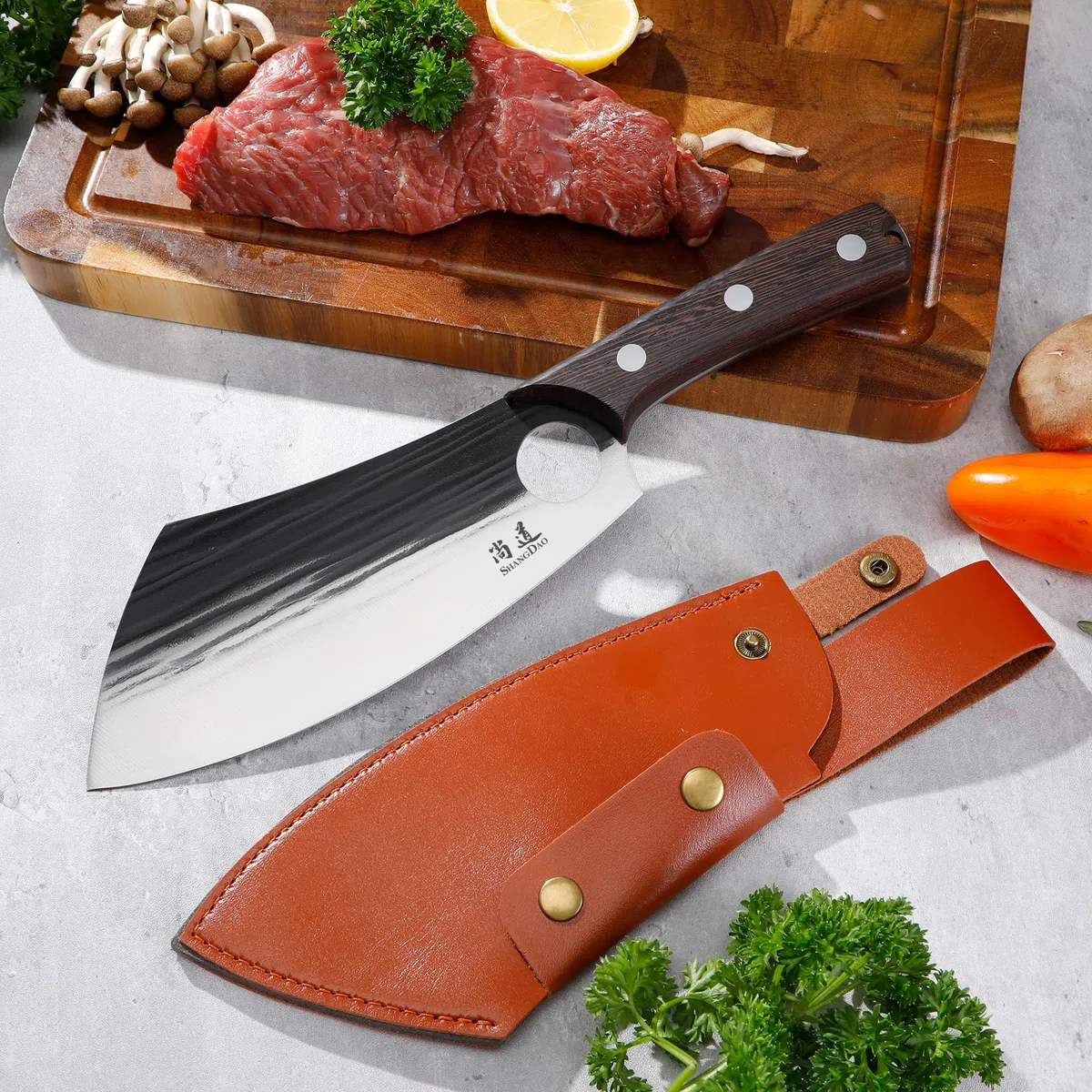 SHANGDAO Cuchillo de chef de 19 cm, cuchillo de chef serbio mejorado, cuchillo de carnicero para cortar carne, cuchillo de carnicero forjado con funda, cuchillo de cocina de espiga