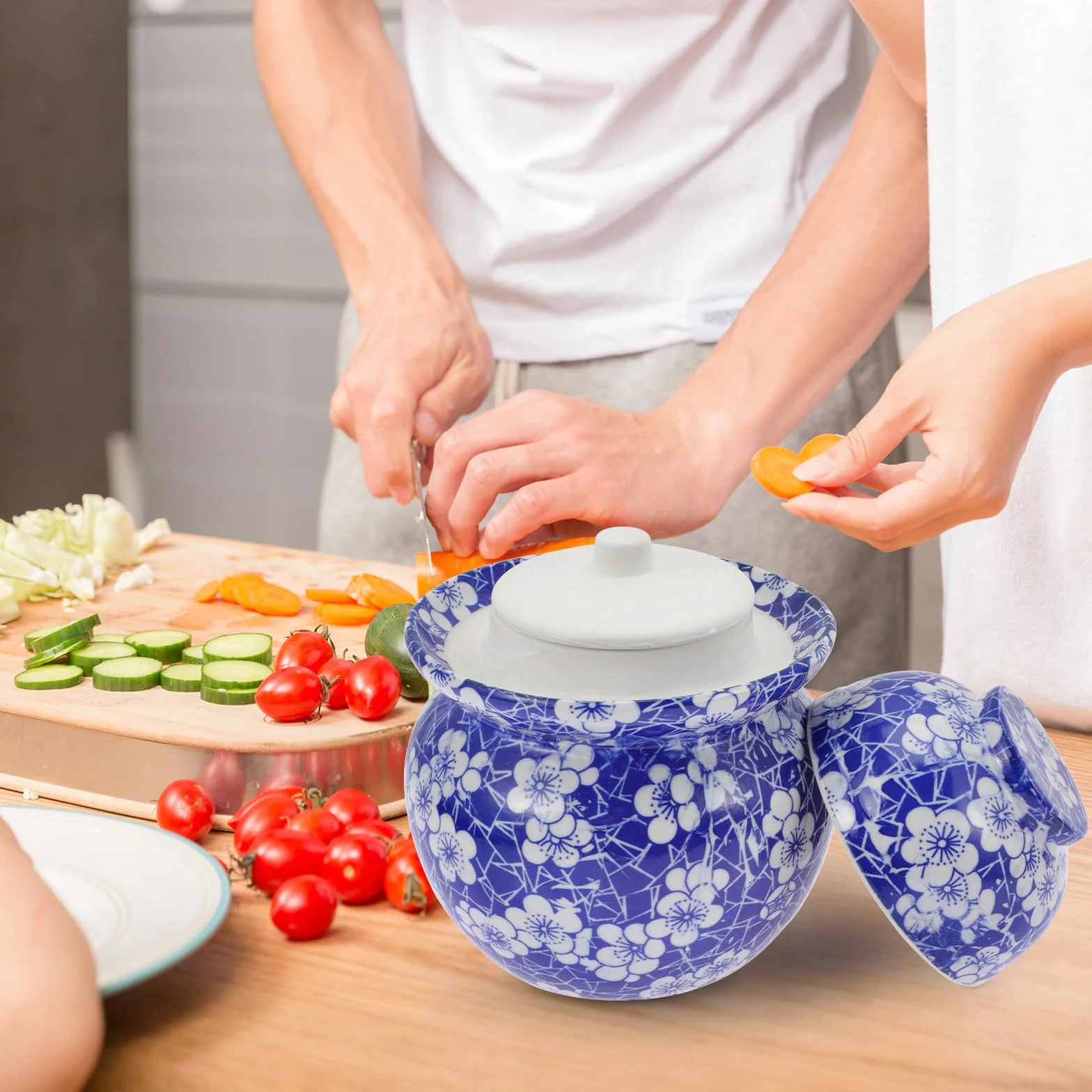 DECHOUS Tarro Fácil de Almacenar Doble Tapa Sellada para Encurtidos de Cerámica Recipiente sin Rebabas y Conservación de Alimentos para Cocina