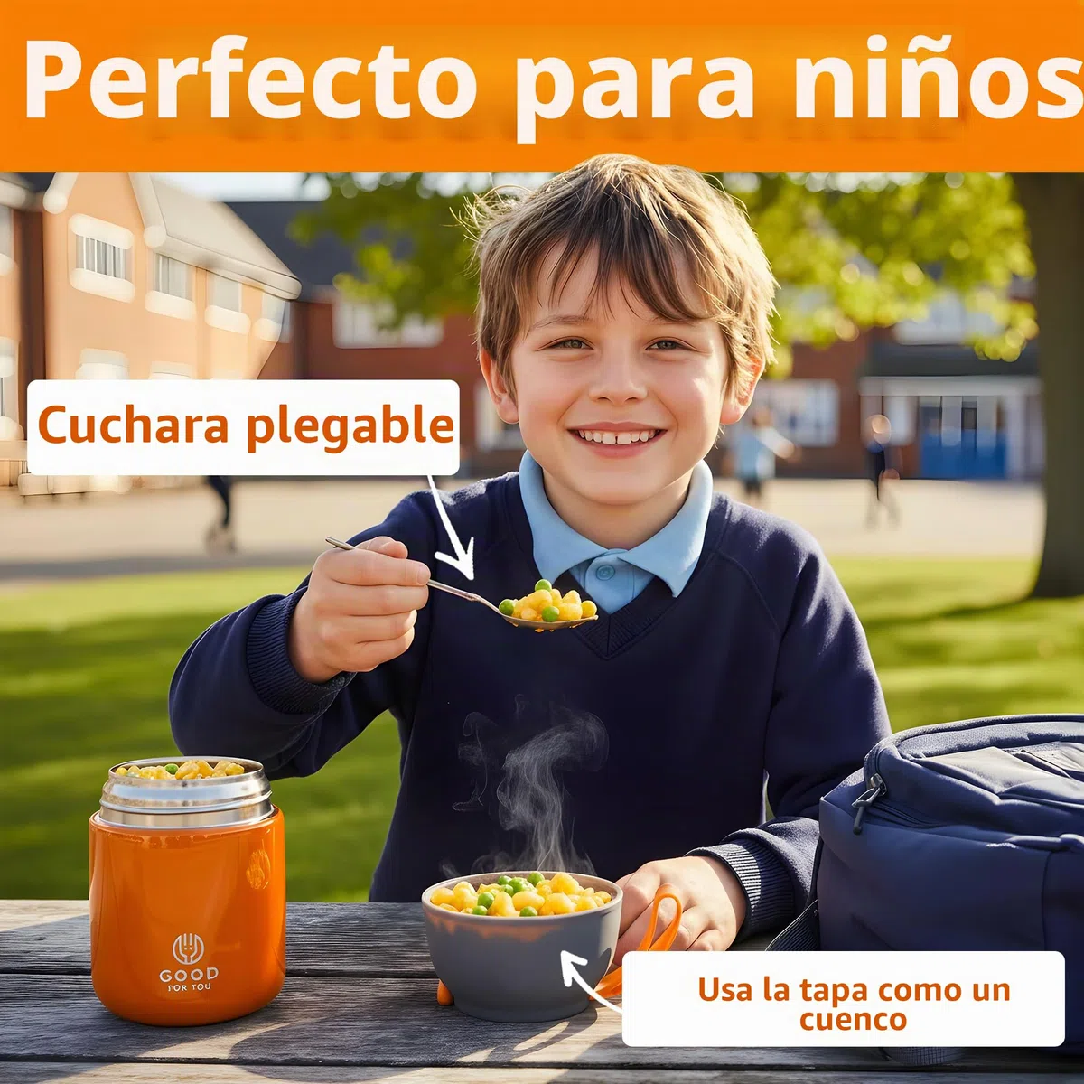 GOOD FOR YOU - Termo de 530ml | Jarra térmica de metal con doble aislamiento para comida, café, agua, etc. Fiambrera bebé, niños, oficina, camping | Con cuchara, color Naranja