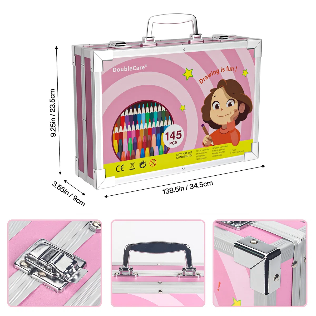 DoubleCare - Juego de arte de 145 piezas, caja y kit de dibujo de aluminio portátil de lujo para niños y adultos, adecuado para equipos de dibujo diarios, regalos de cumpleaños, regalos