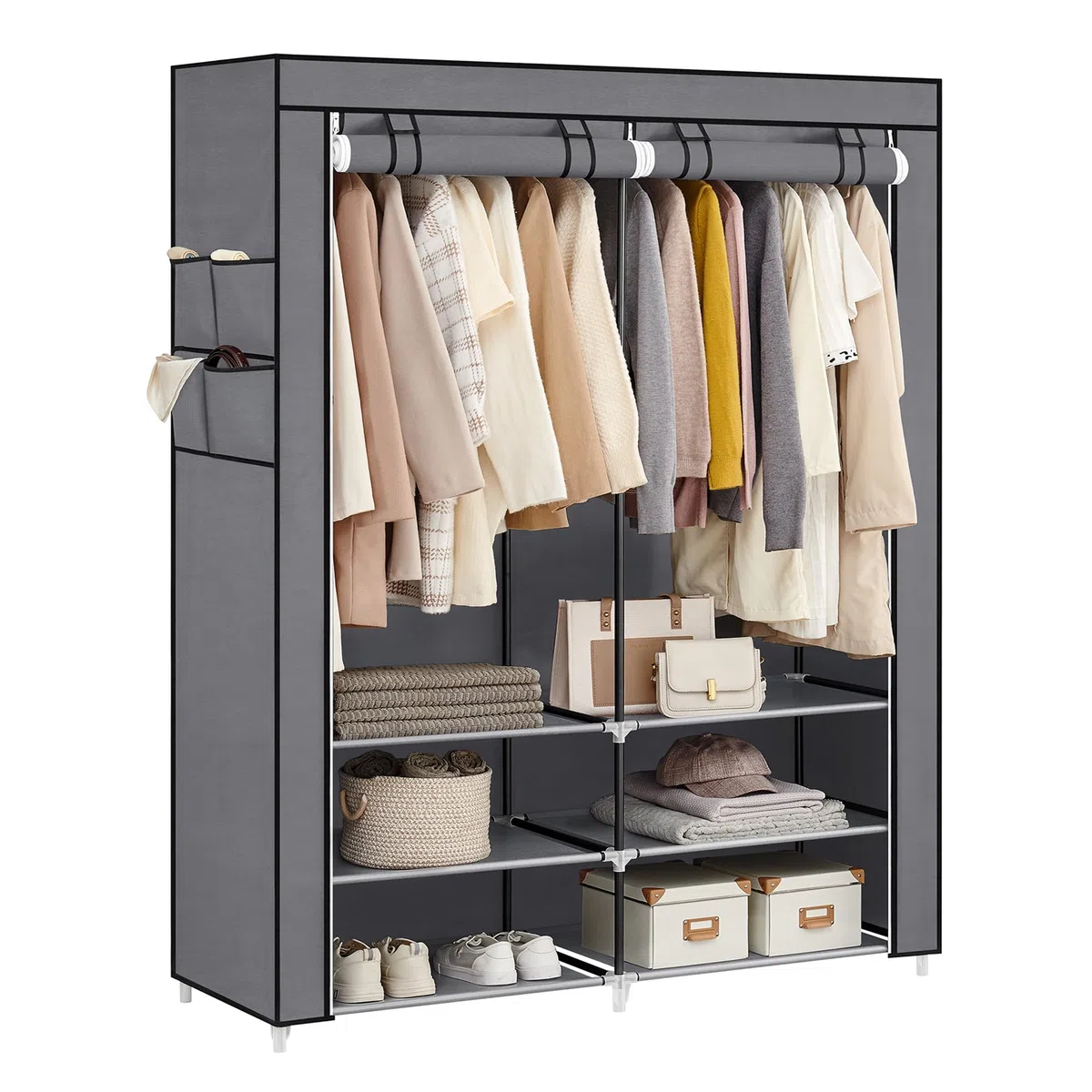 SONGMICS Armario de Ropa, Armario de Tela Portátil, 45 x 127 x 176 cm, 2 Barras de Colgar, Estantes y 4 Bolsillos Laterales, Espacioso para Dormitorio, Salón, Gris RYG008G02