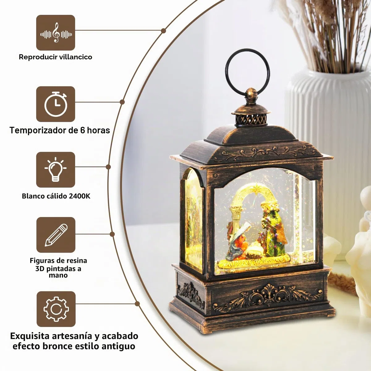 Globo de Nieve de Navidad Remolino de Purpurina Linterna Musical Belén Esferas Globo de Nieve Estilo Retro Girador de Agua Con Temporizador De 6-Hora Funciona Con USB Pilas(Excl.) 20cm de Alto