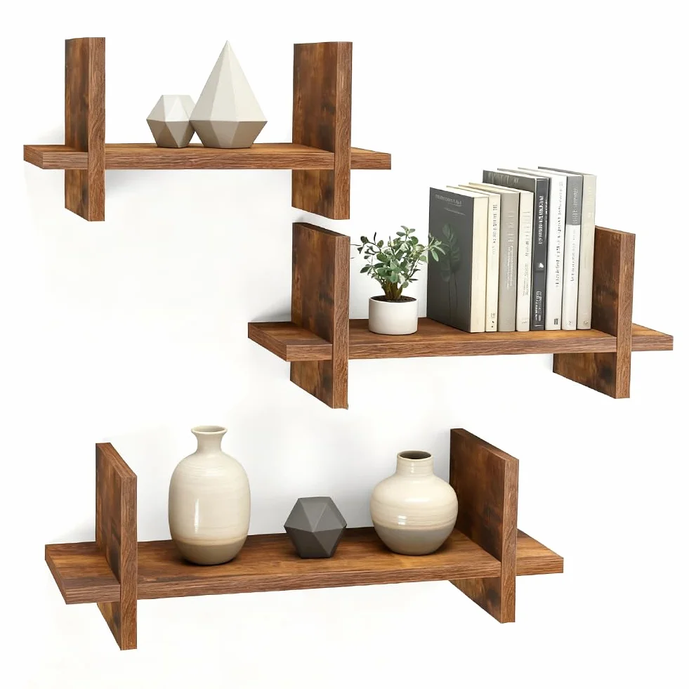 Juego de 3 estanterías de pared de madera, de madera maciza, estantería flotante en diseño industrial, estantes colgantes para fotos, libros y decoración, para salón, dormitorio, cocina
