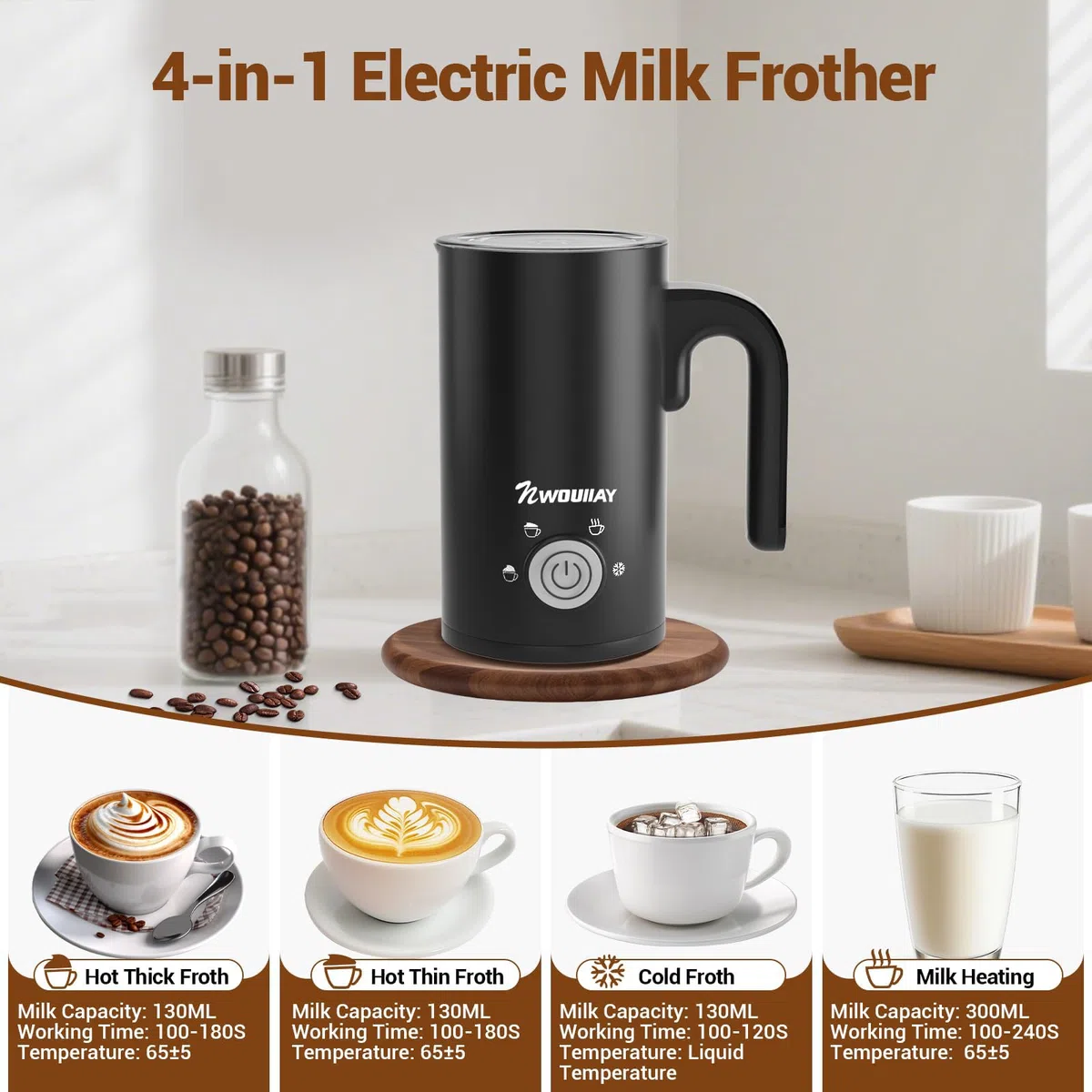 Espumador de Leche 4 en 1 Espumador Leche Eléctrico 600W 300ML Control de Temperatura Inteligente Espuma Caliente y Fría Calentador para Cappuccino, Chocolate caliente, Latte