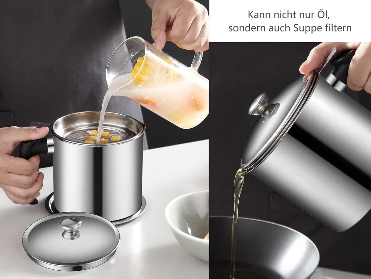 LATRAT Recipiente para grasa de tocino con colador, olla de grasa con mango ligero, depósito de acero inoxidable a prueba de polvo para almacenar aceite de fritura y grasa comestible, mango negro