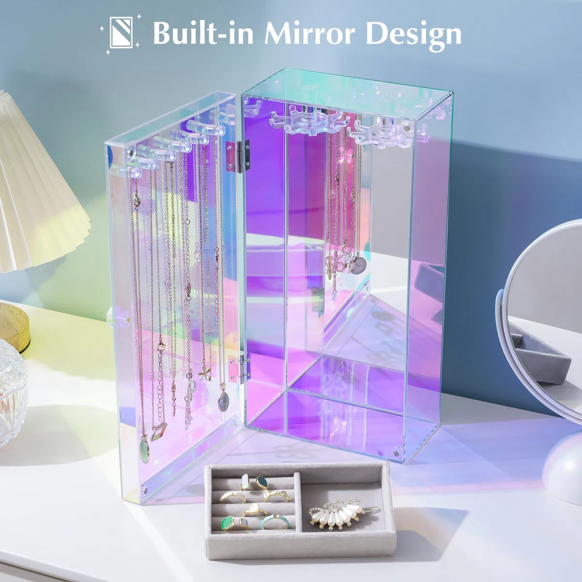 Lolalet Soporte Acrílico para Joyas, Caja Organizadora de Joyas Transparente Anti polvo con 24 Ganchos Estante para Almacenamiento para Collares con Bandeja de Terciopelo -Espejo Laser