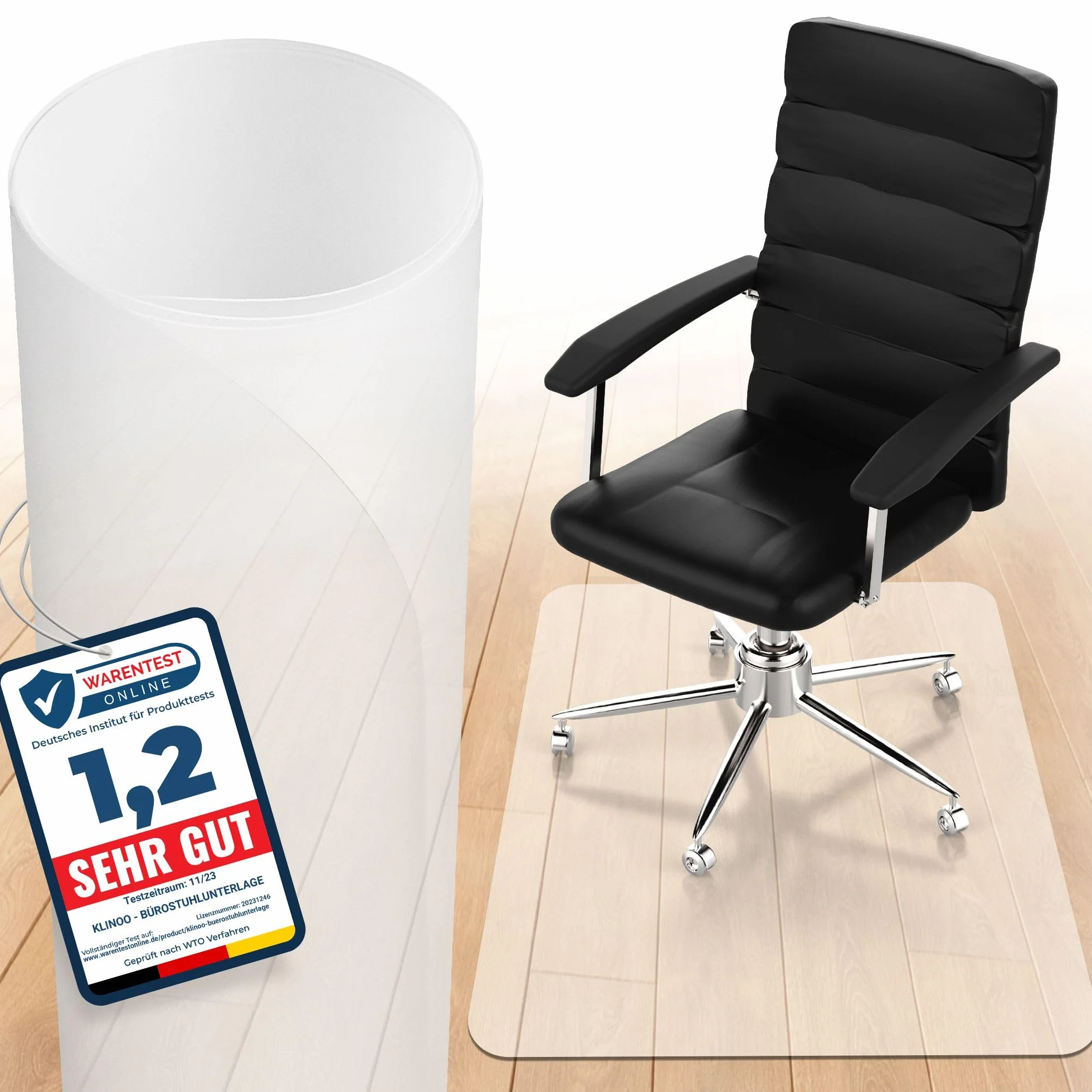 KLINOO Protector de suelo para silla de oficina de 100 x 120 cm. Esterilla protectora antideslizante para silla de escritorio en blanco lechoso transparente. Fabricada en Alemania