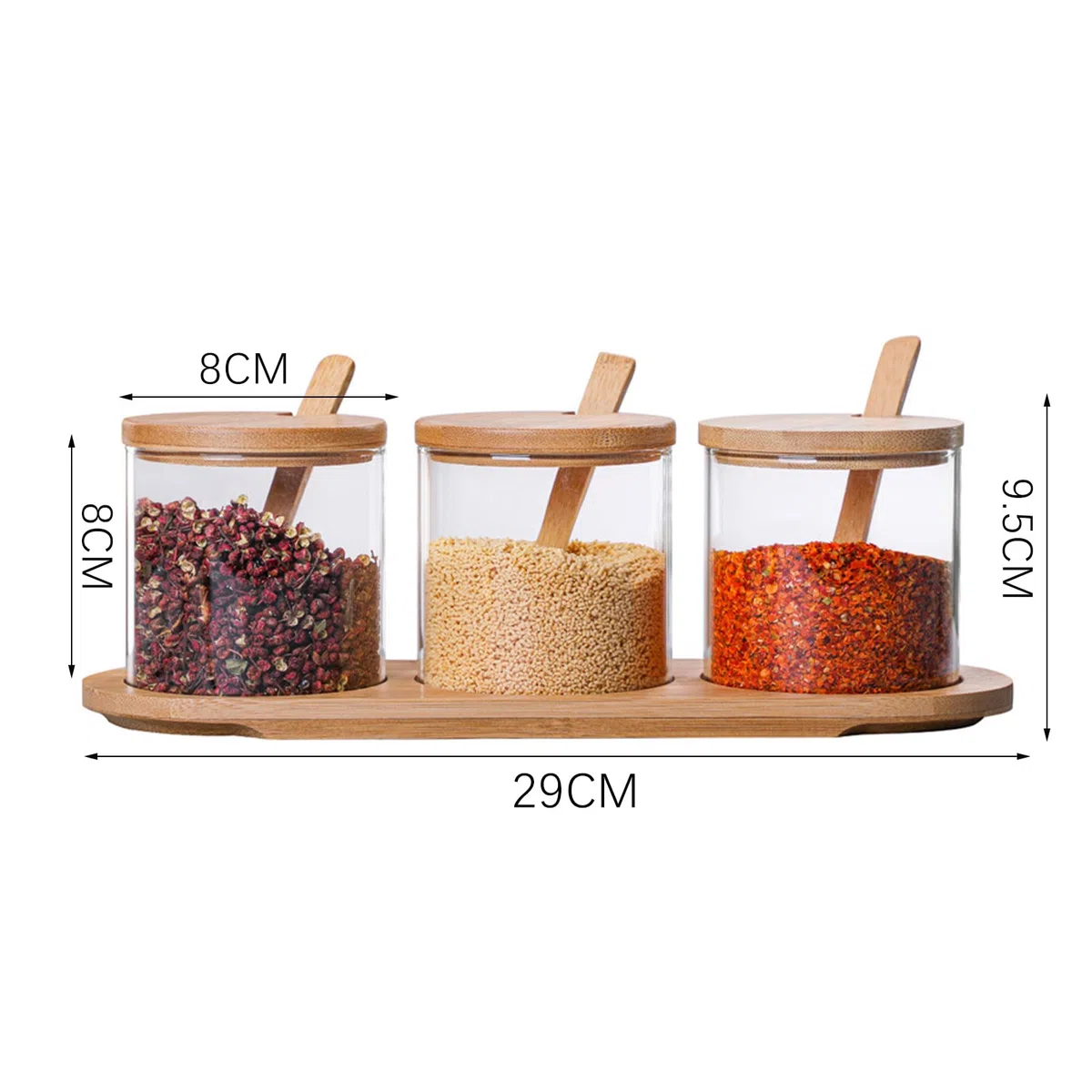 Juego de 3 recipientes para especias, 300 ml, tarros de especias con cuchara, tapa de bambú y base, soporte para especias, tarros pequeños de vidrio de borosilicato para guardar especias, té, café