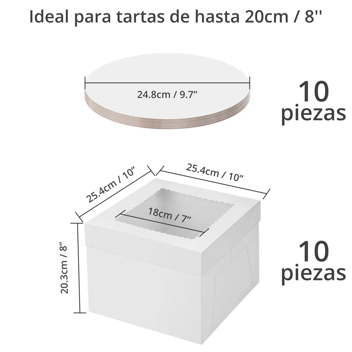 Winter Shore Cajas para Tartas con Bandeja (Pack de 10) - Caja Cartón Desechable Blanca con Ventana para Repostería - Cartón de 350 G/M² - Bandeja de 25,3 cm, Caja de 25,4 x 25,4 x 20,3 cm