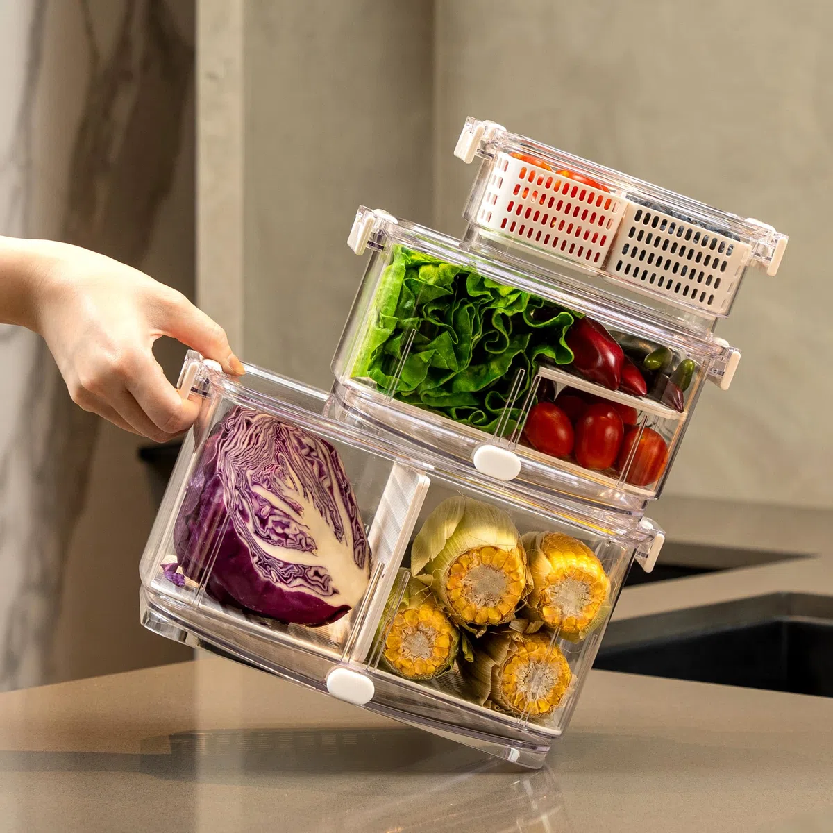 Felli Duo Fresh - Contenedor de frutas y verduras con ventilación y drenaje en la parte inferior para lavado, colador colador para refrigerador, recipiente de lechuga y bayas