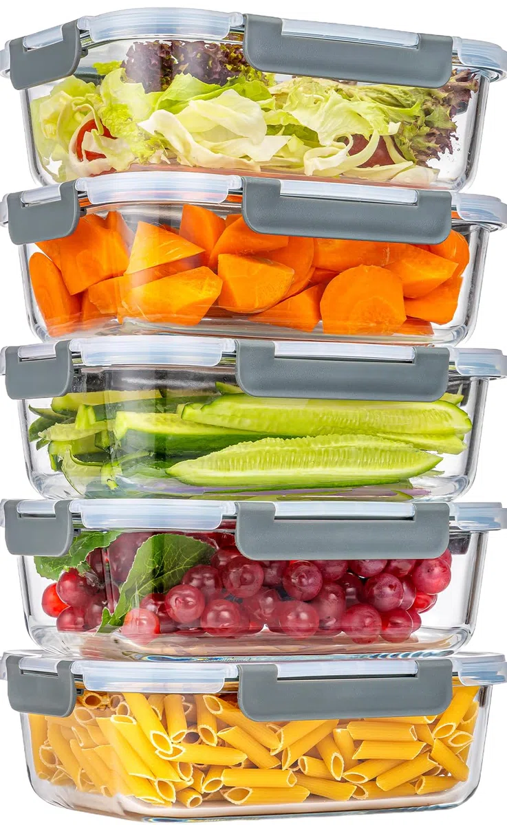 KUMD Paquete de 5 recipientes de vidrio para almacenamiento de alimentos de 36 onzas con tapas de cierre hermético (1040ml) - Cajas de comida y almuerzo a prueba de fugas, aptas para horno, microondas