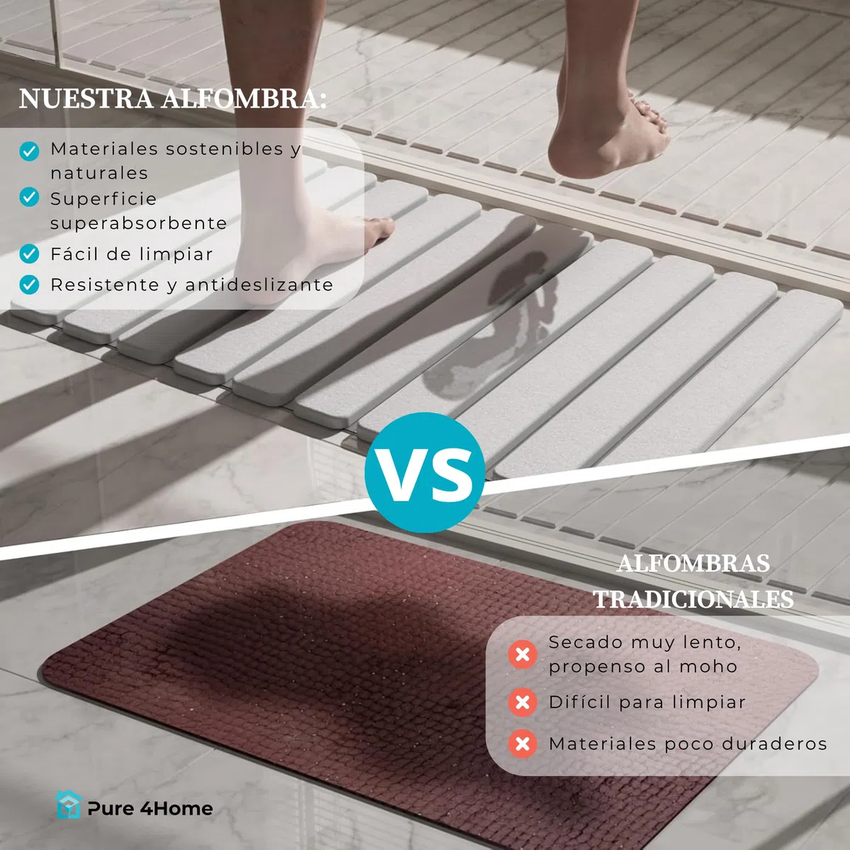 Pure 4Home Alfombra de Baño de Diatomita Plegable 60x39cm | Piedra Absorbente con Malla Antideslizante para Ducha o Cocina | Secado Rápido y Antibacteriana | Alfombra de Piedra Diatomita (Blanco)