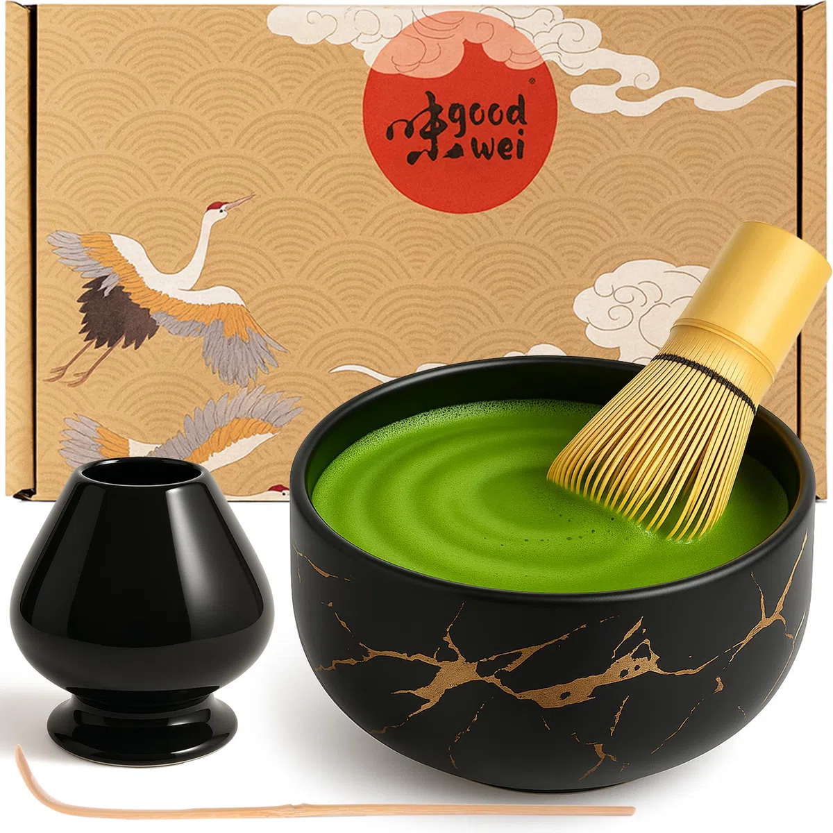Goodwei Juego de matcha completo con espiga, cuchara de matcha y cuenco para matcha de cerámica a juego, moderno cuenco de té Chawan con jaspeado dorado (negro, escoba 80)