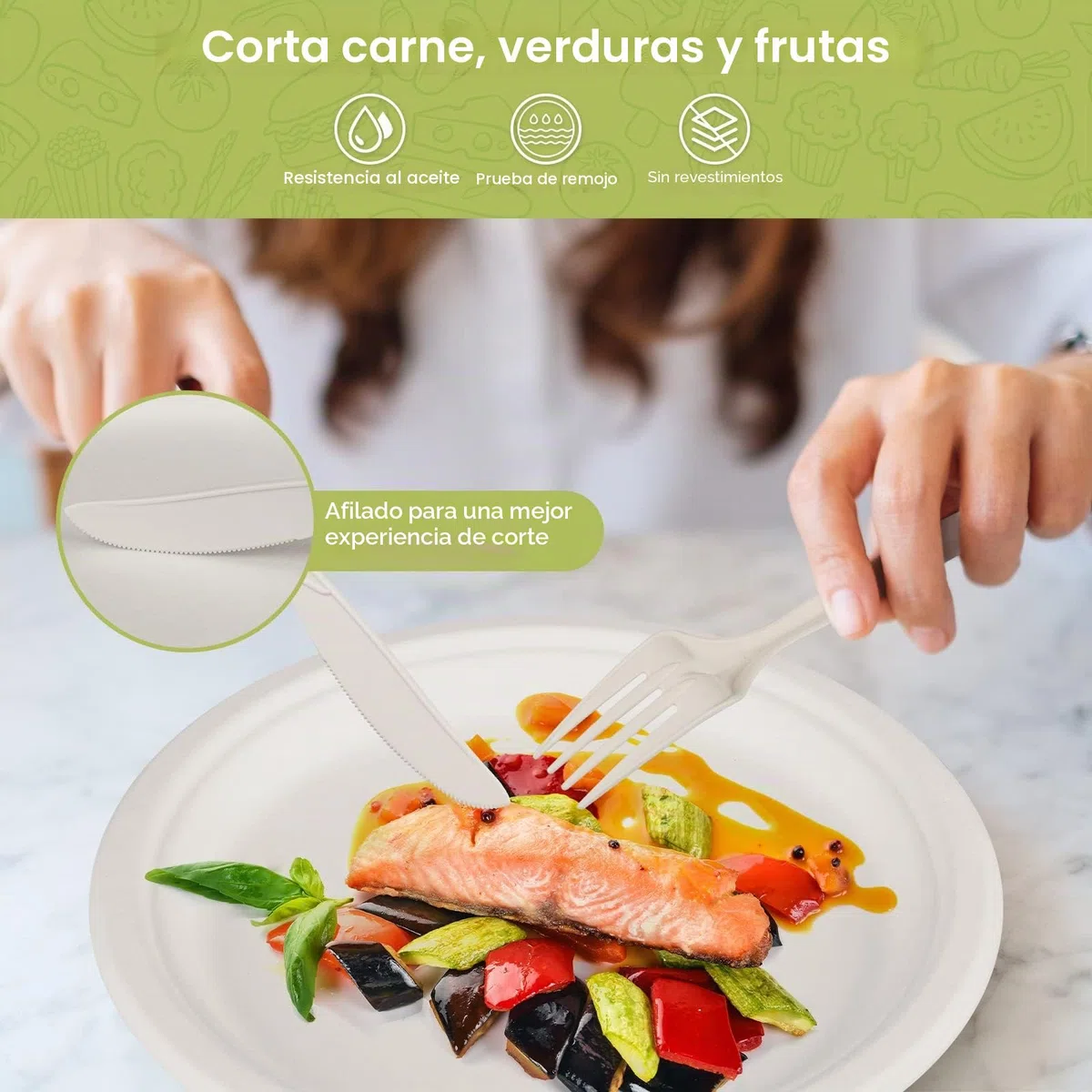 Fuyit 200 Piezas Platos de Papel de Caña de Azúcar Vajilla, Incluye 50 Platos, 50 Tenedores, 50 Cuchillos y 50 Cucharas para Fiesta, Boda, Picnic, Camping
