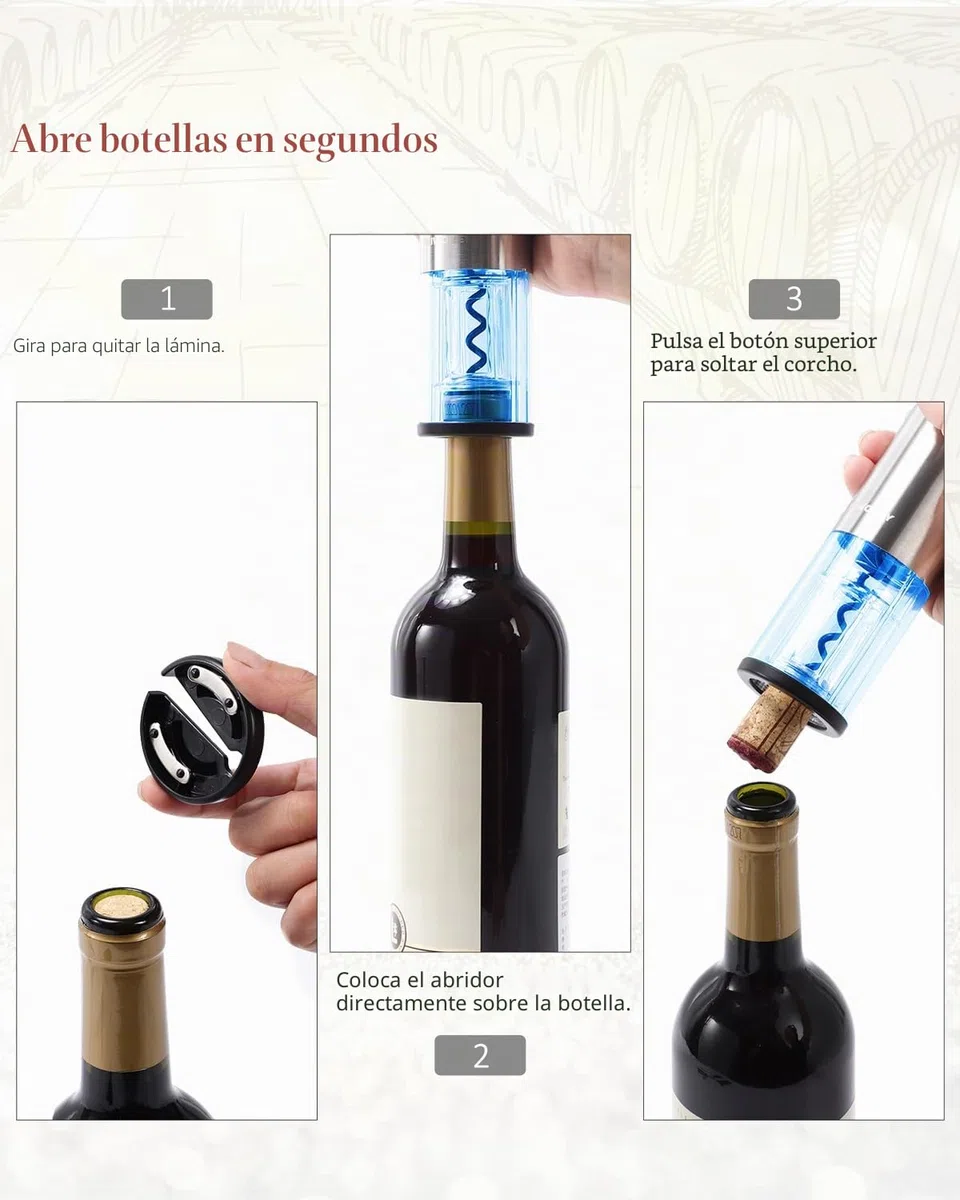 Sacacorchos Eléctrico, Abridor de Vino Portátil y Recargable, Abridor de Botellas de Vino con Cortador de Papel de Aluminio y Cable de Carga Micro USB
