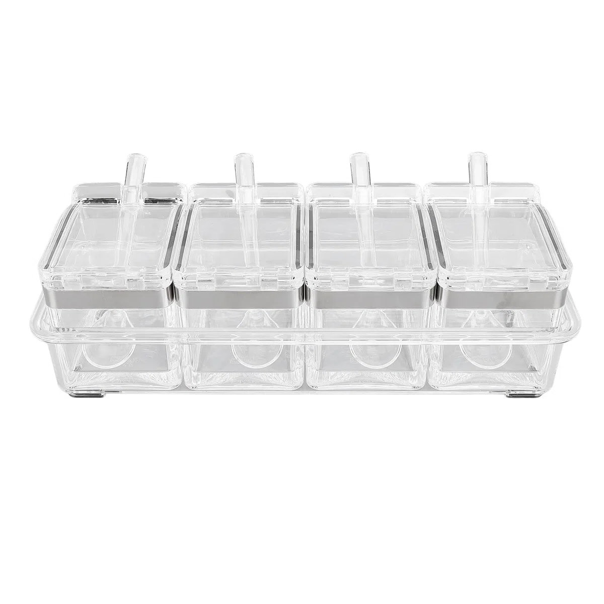 Caja de condimentos transparente de 4 celdas, caja de condimentos acrílica, macetas con cuchara para azúcar, sal, azúcar, cardamomo, canela