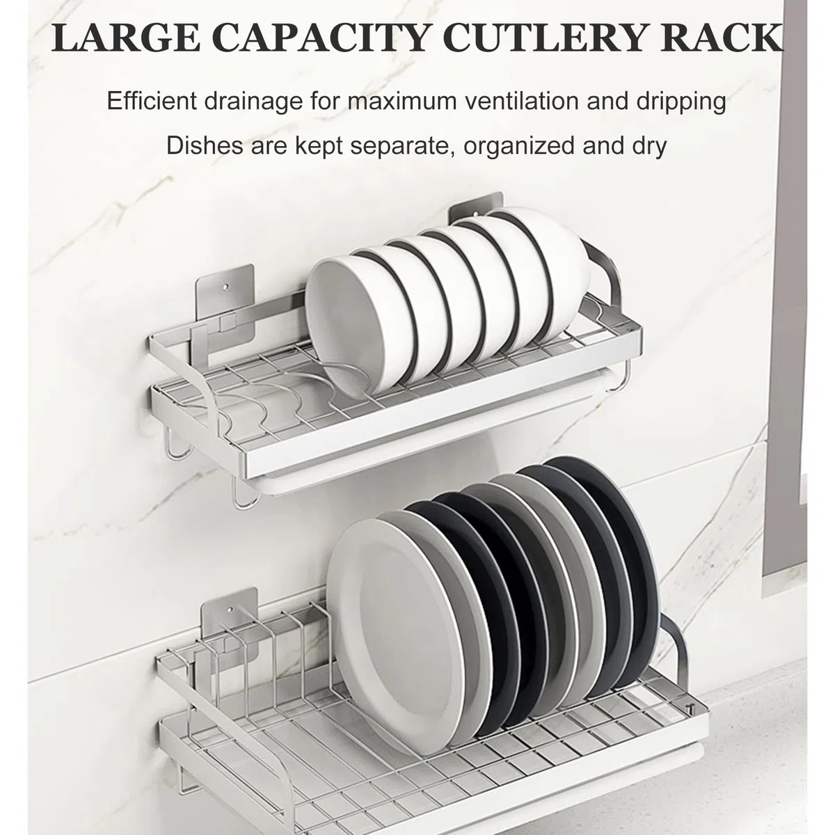 Escurridor de platos de acero inoxidable con soporte para cubiertos de pared y bandeja de drenaje para un almacenamiento y organización eficientes de la cocina
