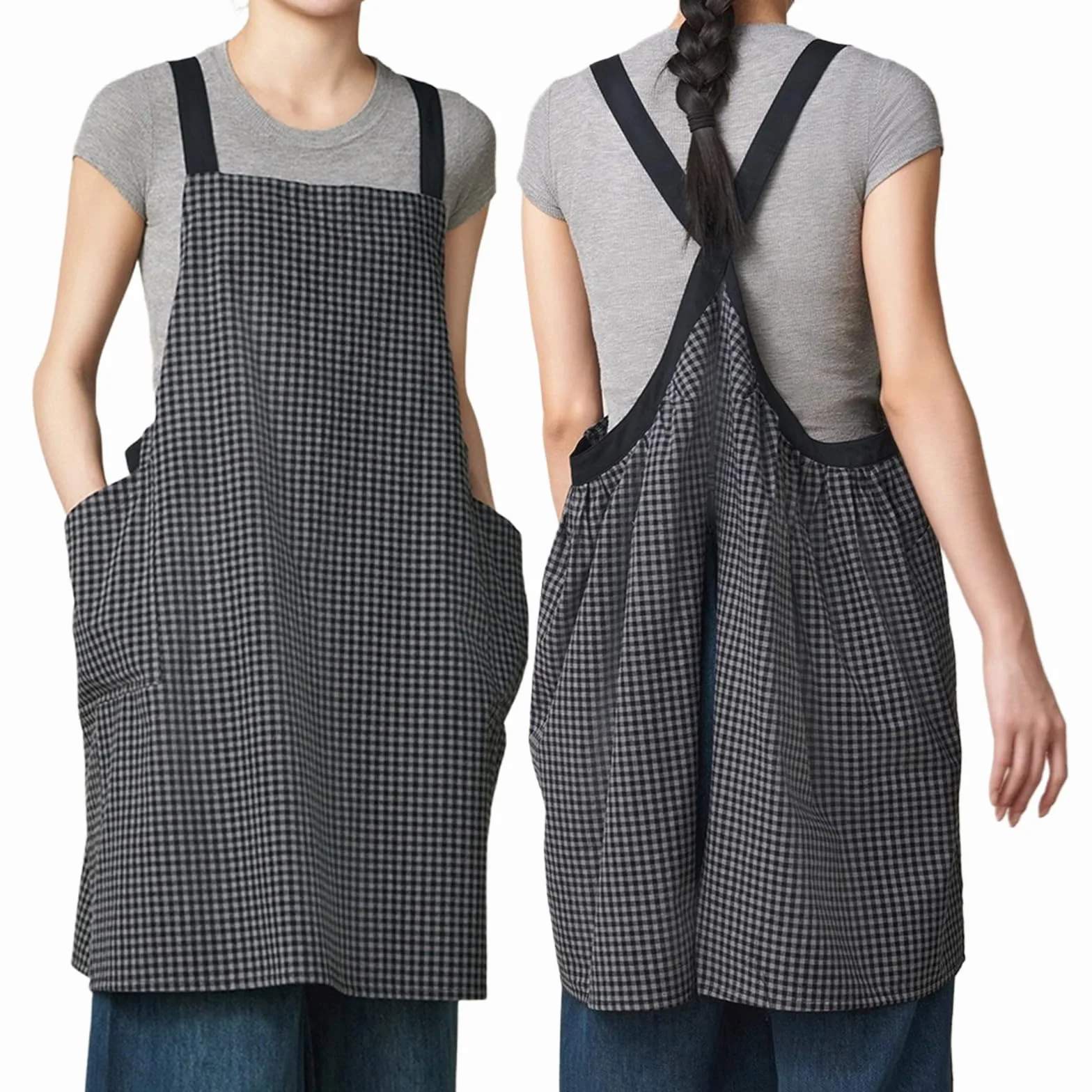 Delantal Mujere De Algodón con 2 Bolsillos, Japón Estilo, Delantales Cocina para Mujeres Cocinar Y JardineriaGrey,One Size