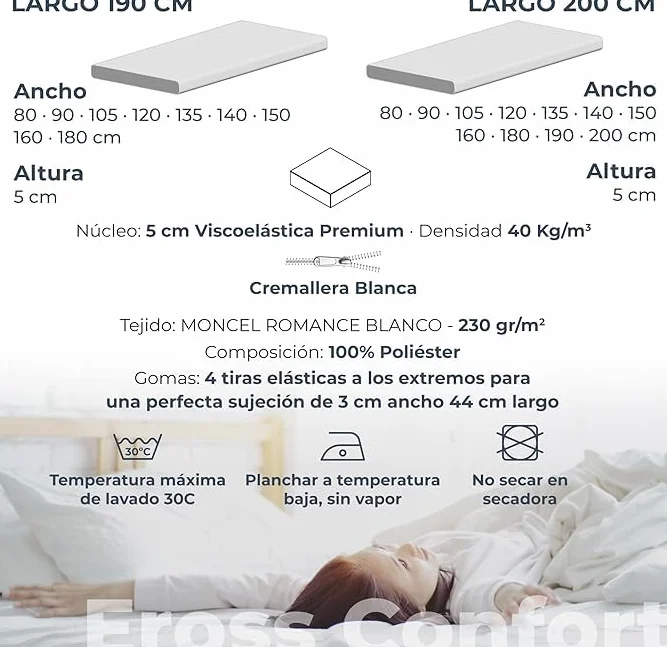 Sobrecolchon 140x200 Firmeza Media. Atérmico, Antialérgico, Silencioso y Flexible. Desenfundable con Cremallera Invisible. Topper Viscoelastico Cómodo Densidad Media. Altura 5 cm Moncel ErossConfort