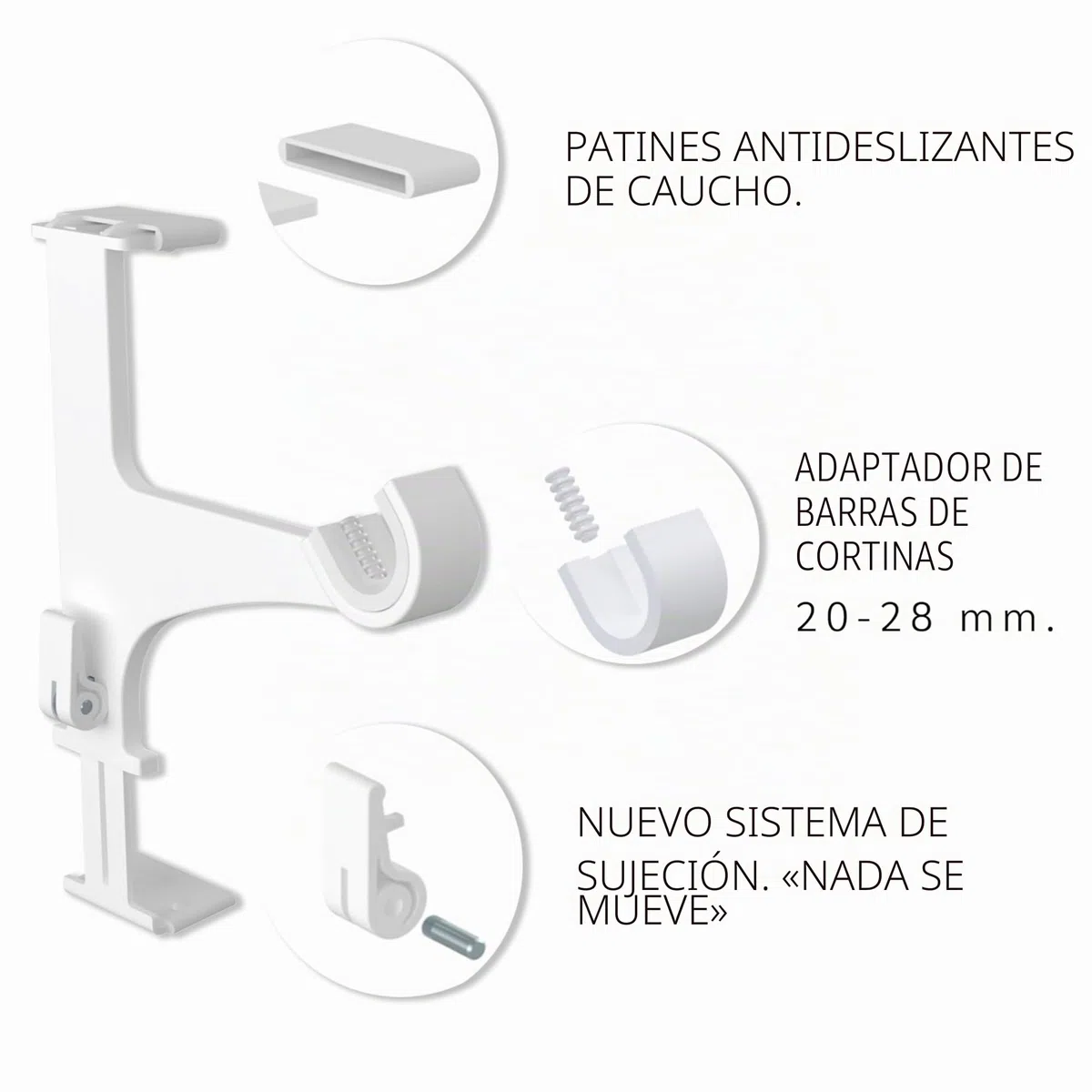 Juego de 2 soportes para varillas de cortina, sin perforación y con adhesión, fijación para cajón de persianas, 14-24 cm, D20-28 mm, blanco, calidad francesa