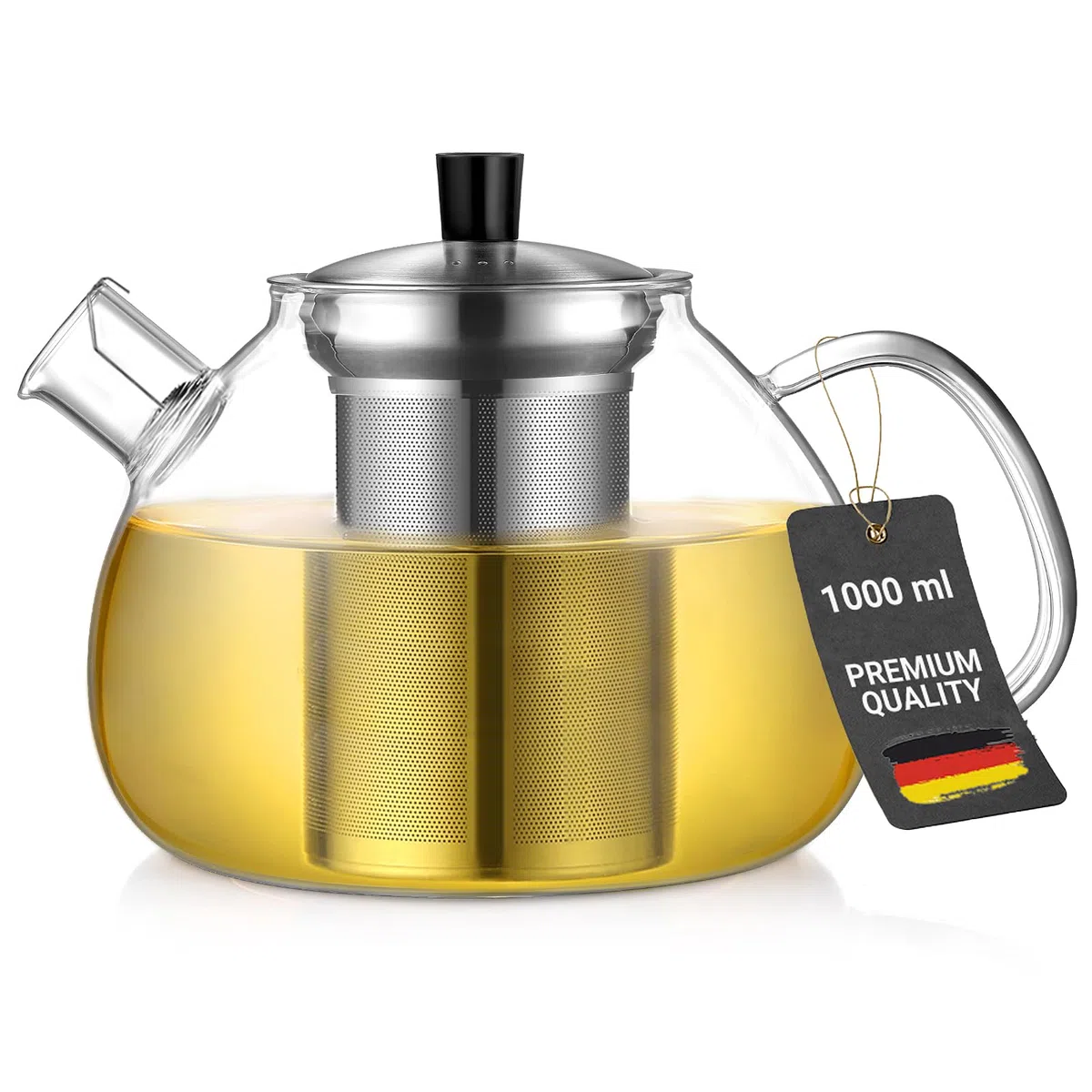 ecooe Tetera de cristal de borosilicato, 1000 ml, con colador extraíble de acero inoxidable 18/8, resistente al calor, para té negro, verde