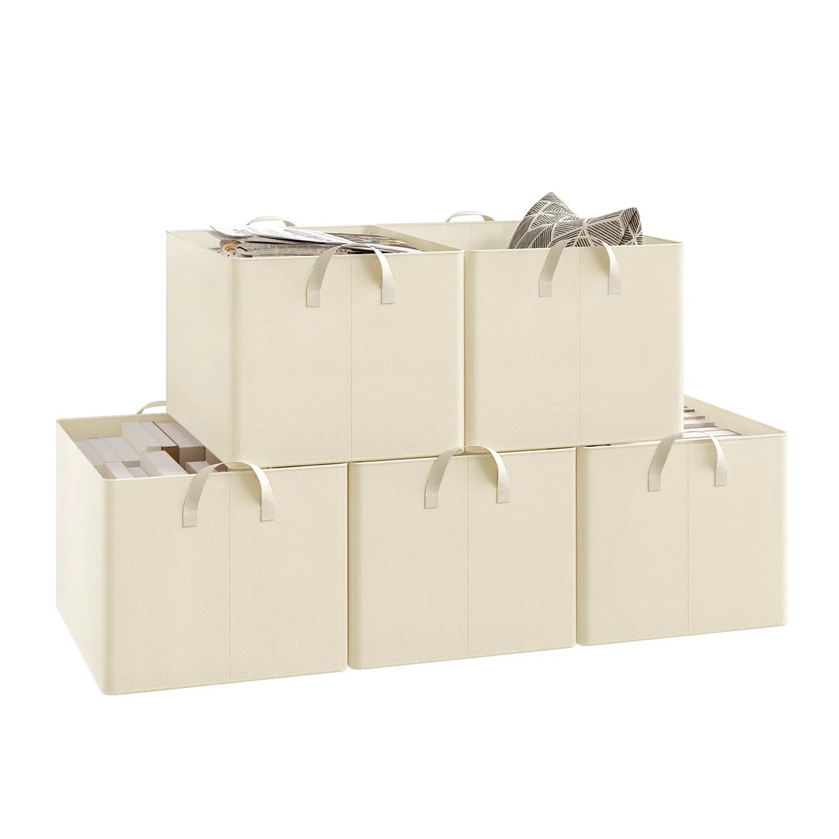 WOLTU Juego de 5 Cajas Plegables,Cajas Almacenamiento Plegables, Cajas Organizadoras de Tela con Asas, Cajas Almacenaje para Ropa y Juguetes en Armarios, Crema, 47x35x30 cm