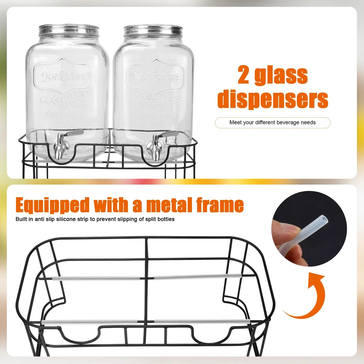 DD&HAPP Dispensadores de bebidas de vidrio para fiestas. Dispensador de bebidas de 1.2 galones con soporte y espiga de acero inoxidable. Dispensador de limonada con cilindro de hielo. Tarros de masón,