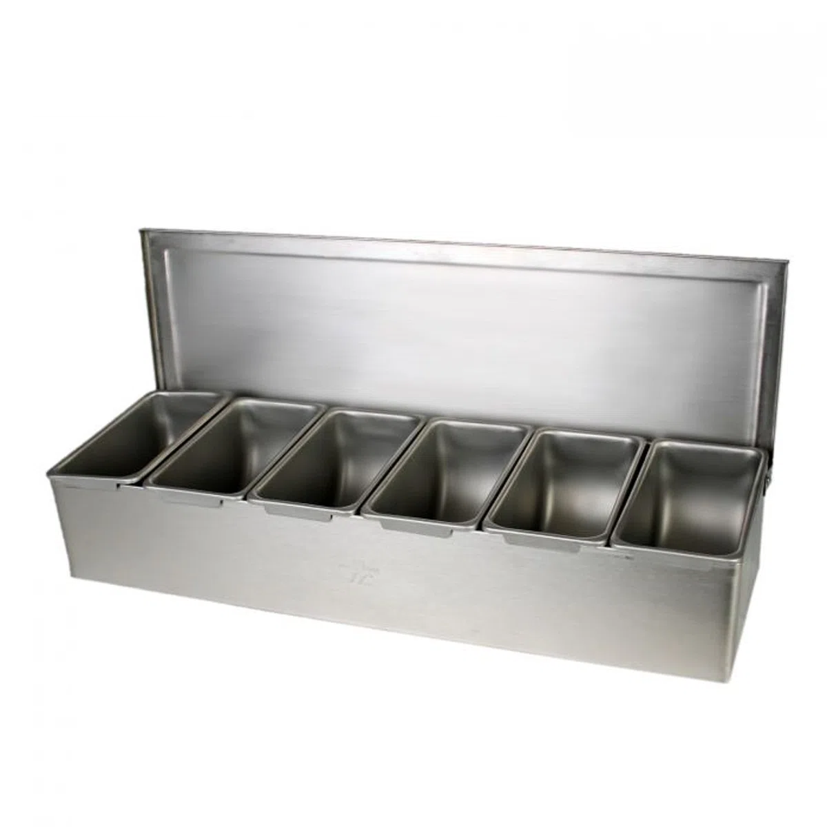 TrueCraftware Barra de condimentos de acero inoxidable de 6 compartimentos (parte inferior abierta) - Dispensador de condimentos para servir bandeja de guarnición para el trabajo en casa o restaurante