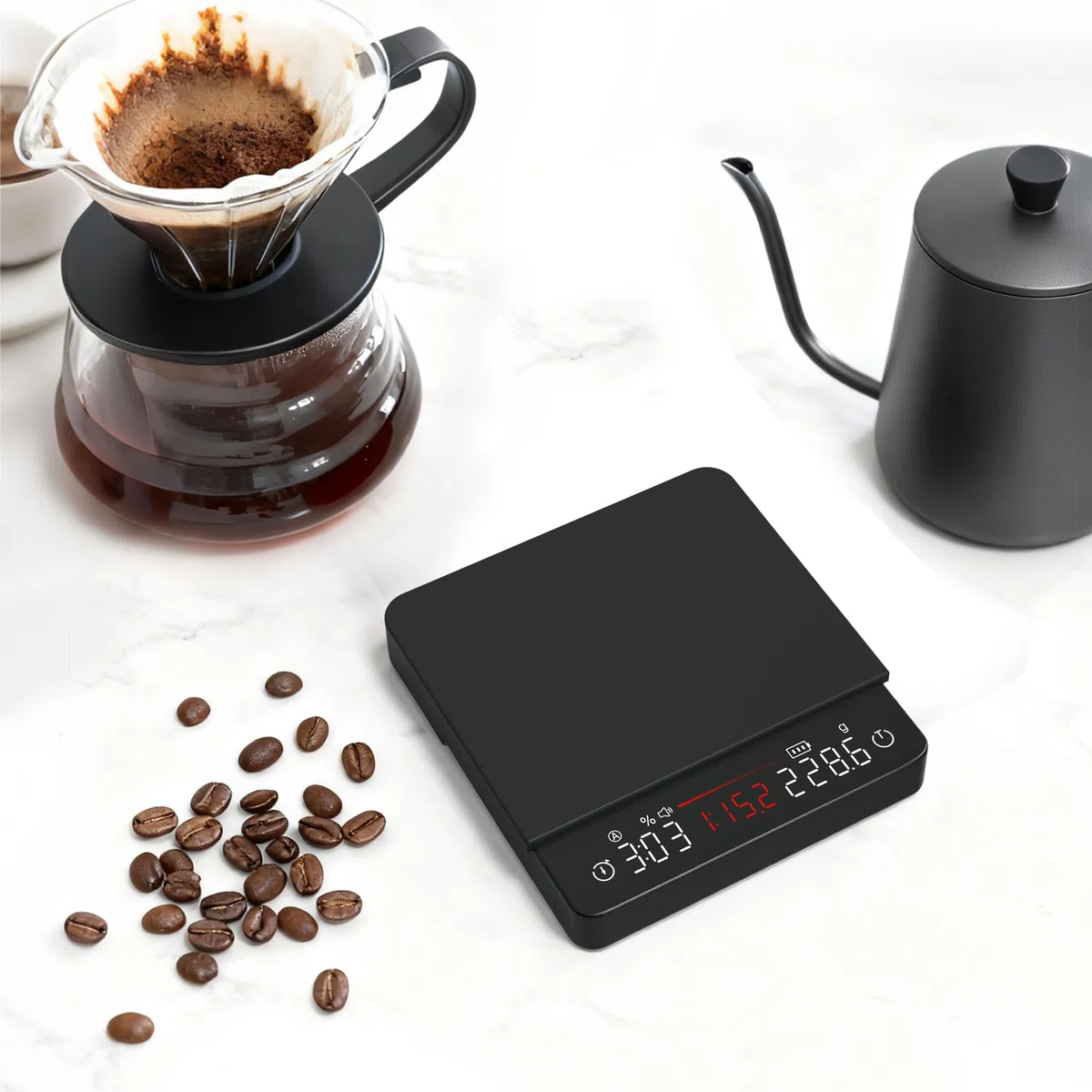 Báscula de café con temporizador, 2 kg/0,1 g, proporciones y visualización de caudal | Báscula de espresso recargable, para vertido, prensa francesa, precisión de grado barista, negro, pesaje digital de cocina