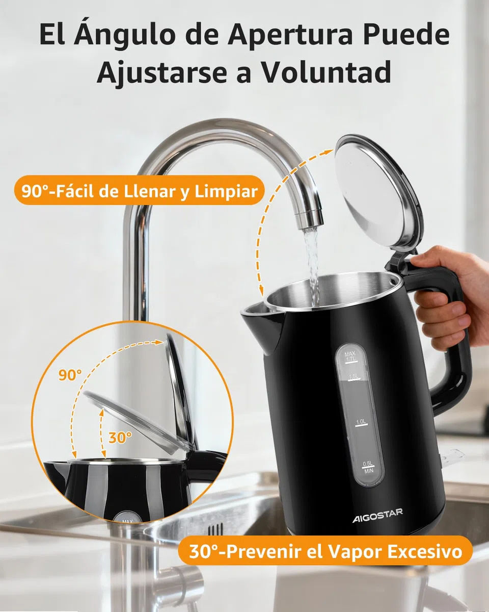 Aigostar Hervidor Agua Electrico de Acero Inox Negro 1,7 Litros - Hervido Rápido Electric Kettle 2200W, Doble Aislamiento, Ventana Visible, Sin Plástico en el Interior, Libre de BPA, Apagado Auto