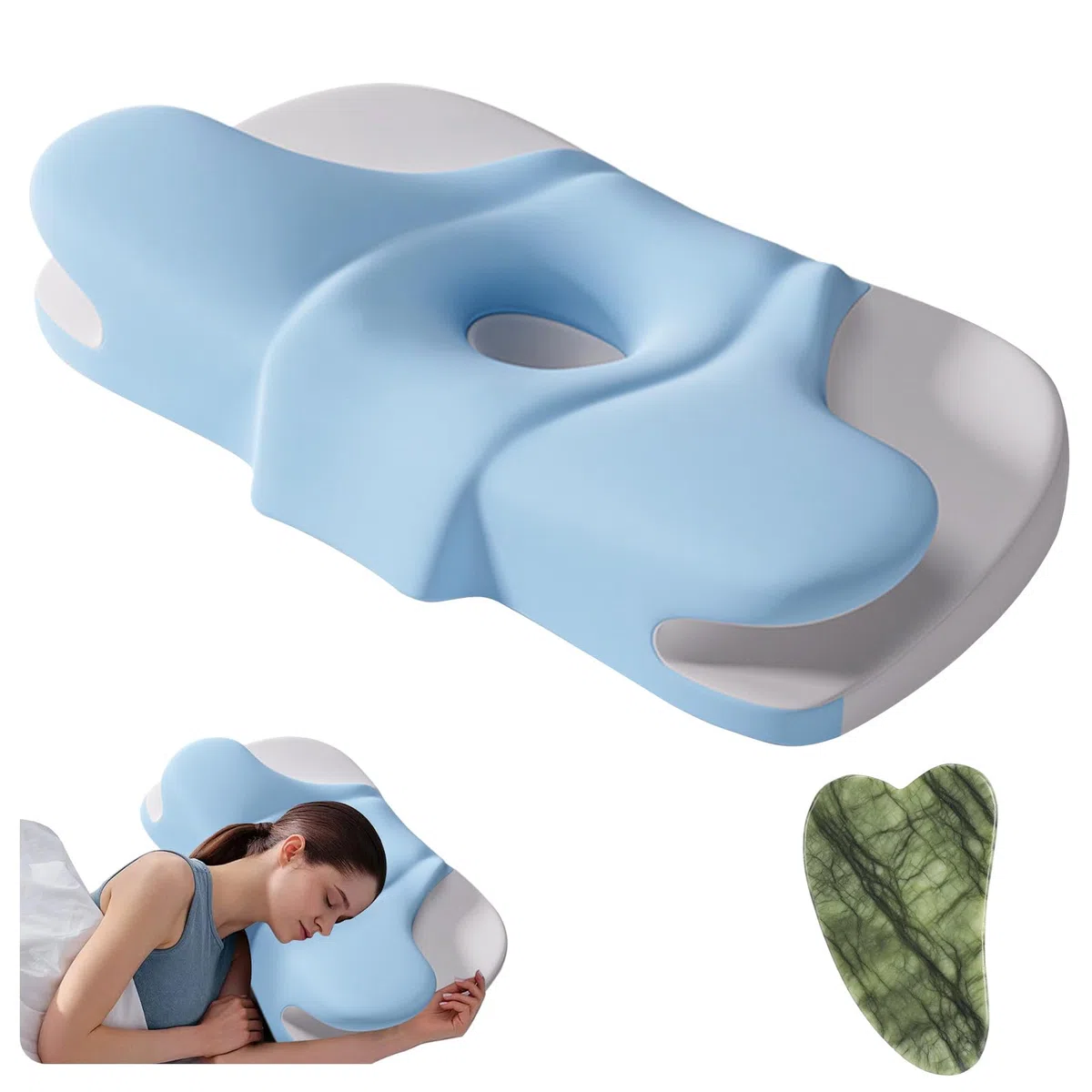 Almohadas Cervicales para Dormir Almohada y Cuello Cervical Antironquidos Ergonómica Apnea Sueño Ortopedica Cojin Anti Espuma Viscoelástica Mariposa Lado Boca Arriba Brazo Soporte Memoria +1 Gua Sha