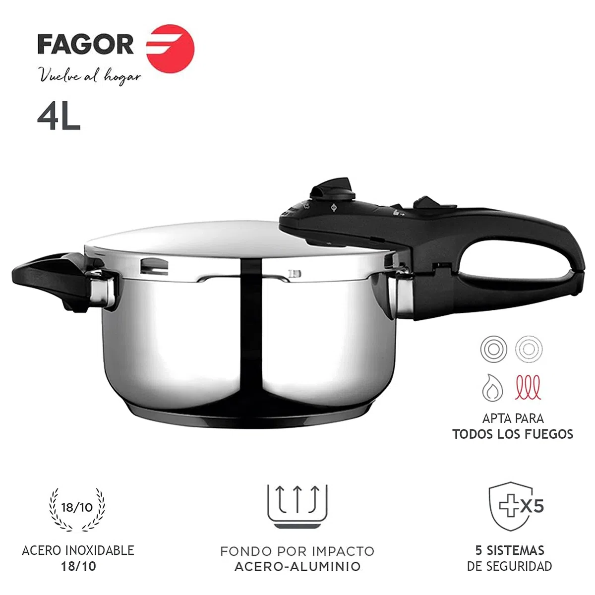Fagor Duo - Olla Express Rápida 4L, Acero Inoxidable 18/10, Todo Tipo de Cocinas, INDUCCIÓN, 2 niveles de presión, 5 Sistemas de Seguridad