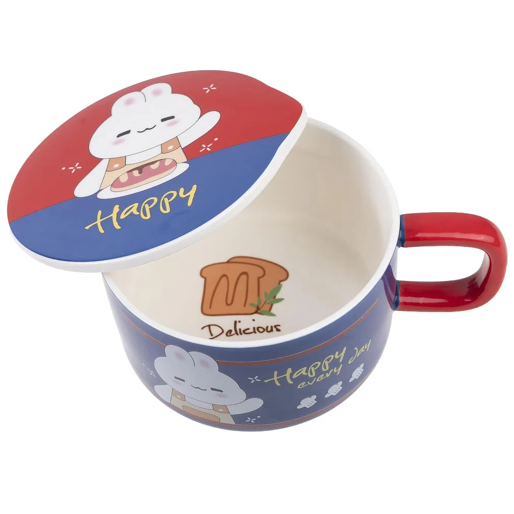 lachineuse – Cuenco de fideos instantáneos – Cuenco de ramen asiático – Porcelana – Diseño de conejo – 1000 ml – Tapa y cubiertos – Desayuno sopa – Idea de regalo Asia Japón China – Azul oscuro