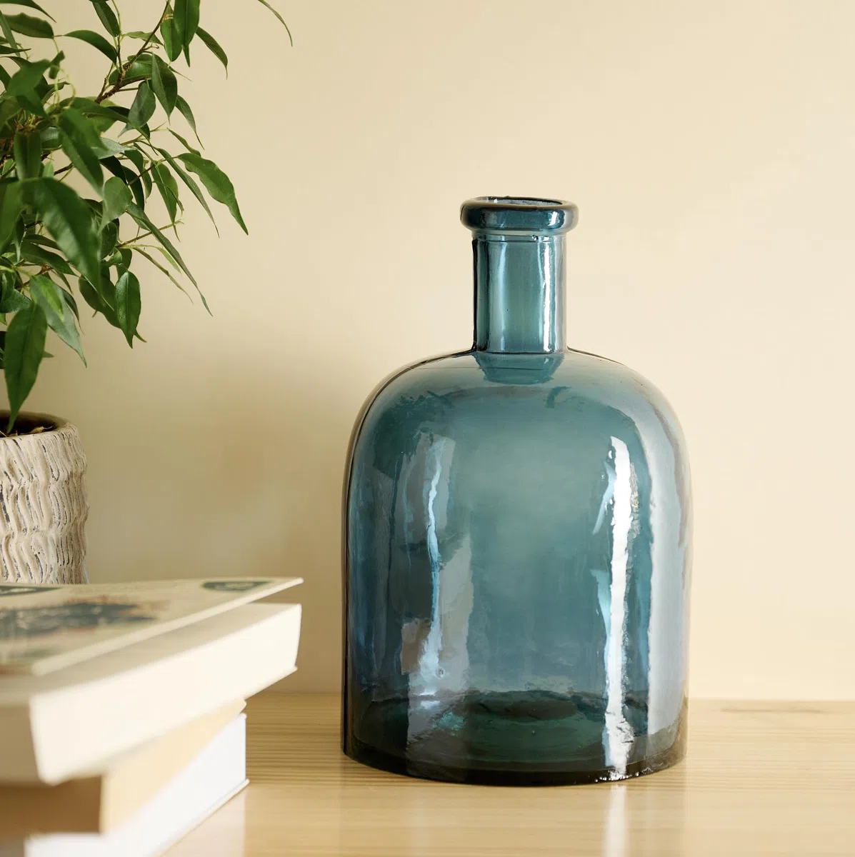 Botella Ancha de Vidrio Reciclado Liso - Garrafa de Cristal Artesana Estilo Mediterráneo Decoración del Hogar, Florero, Jarrón… (Turquesa)