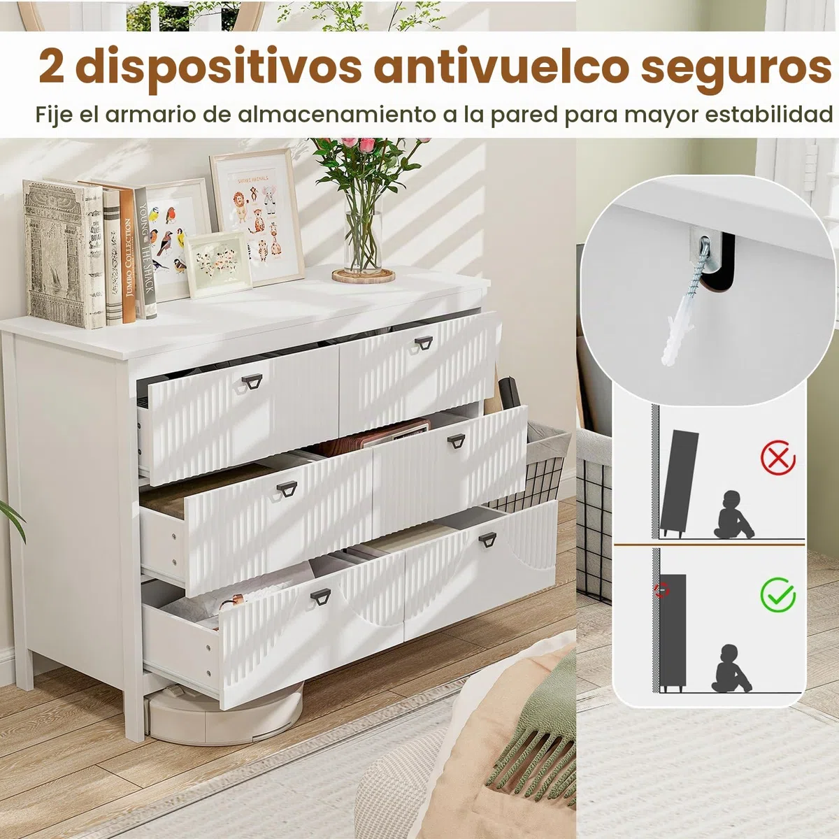 KOMFOTTEU Cómoda con 3/6 Cajones para Dormitorio, Cajonera de Madera con Kit Antivuelco, Mueble de Almacenamiento Moderno, para Salón, Estudio, Oficina (6 cajones)