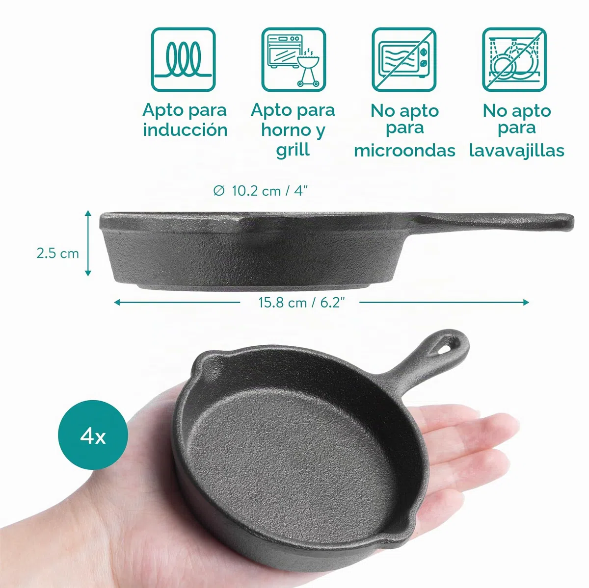 Navaris Mini sartenes de Hierro Fundido - 2X sartén para Huevos Tortillas Pancakes Muffins - con Base de Madera - Apta para Horno y BBQ - ⌀ 10,2 cm