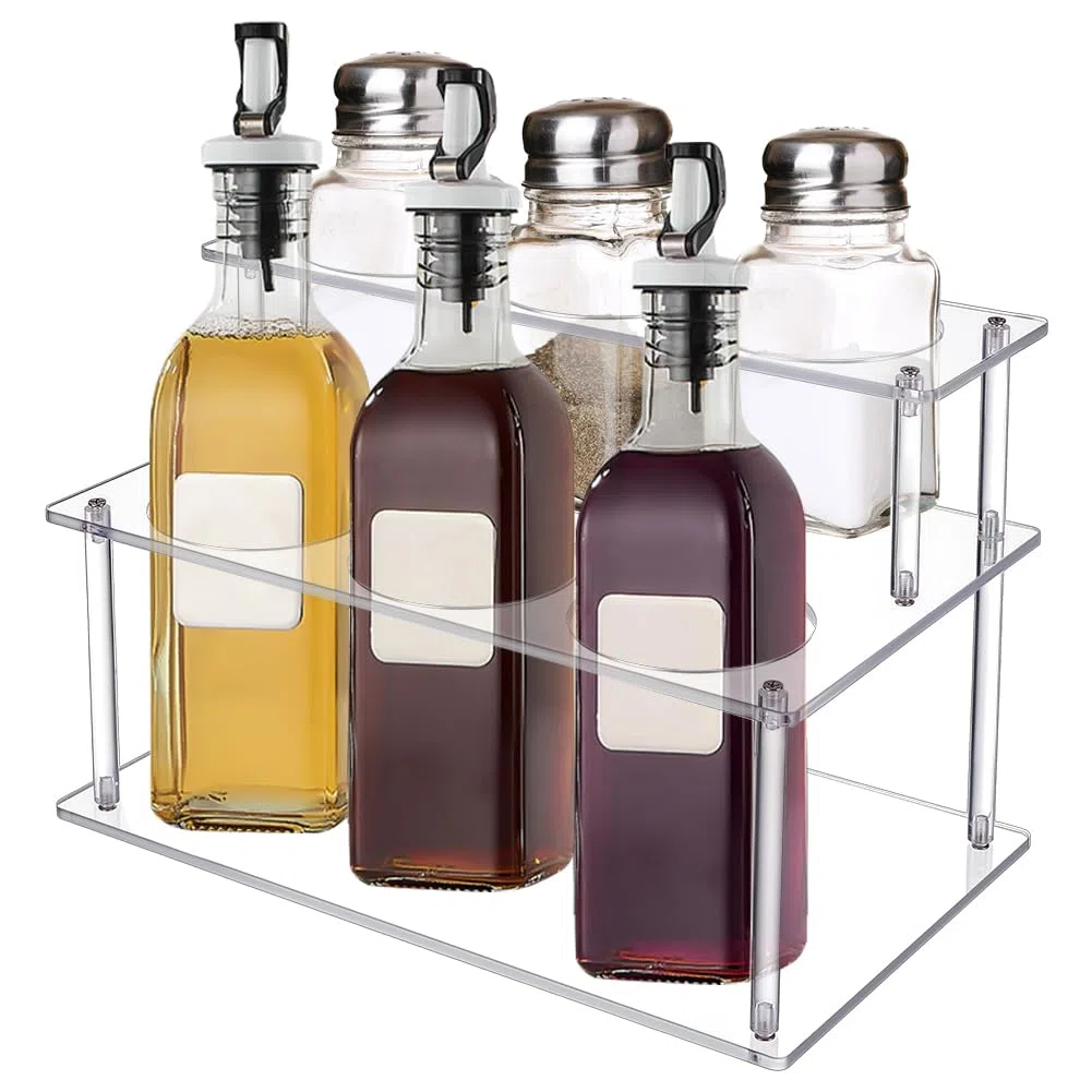 UNICRAFTALE 2 niveles de jarabe de café acrílico estante organizador para 6 botellas transparente soporte para botellas para encimera de cocina, armario de almacenamiento para frigorífico, sistema de