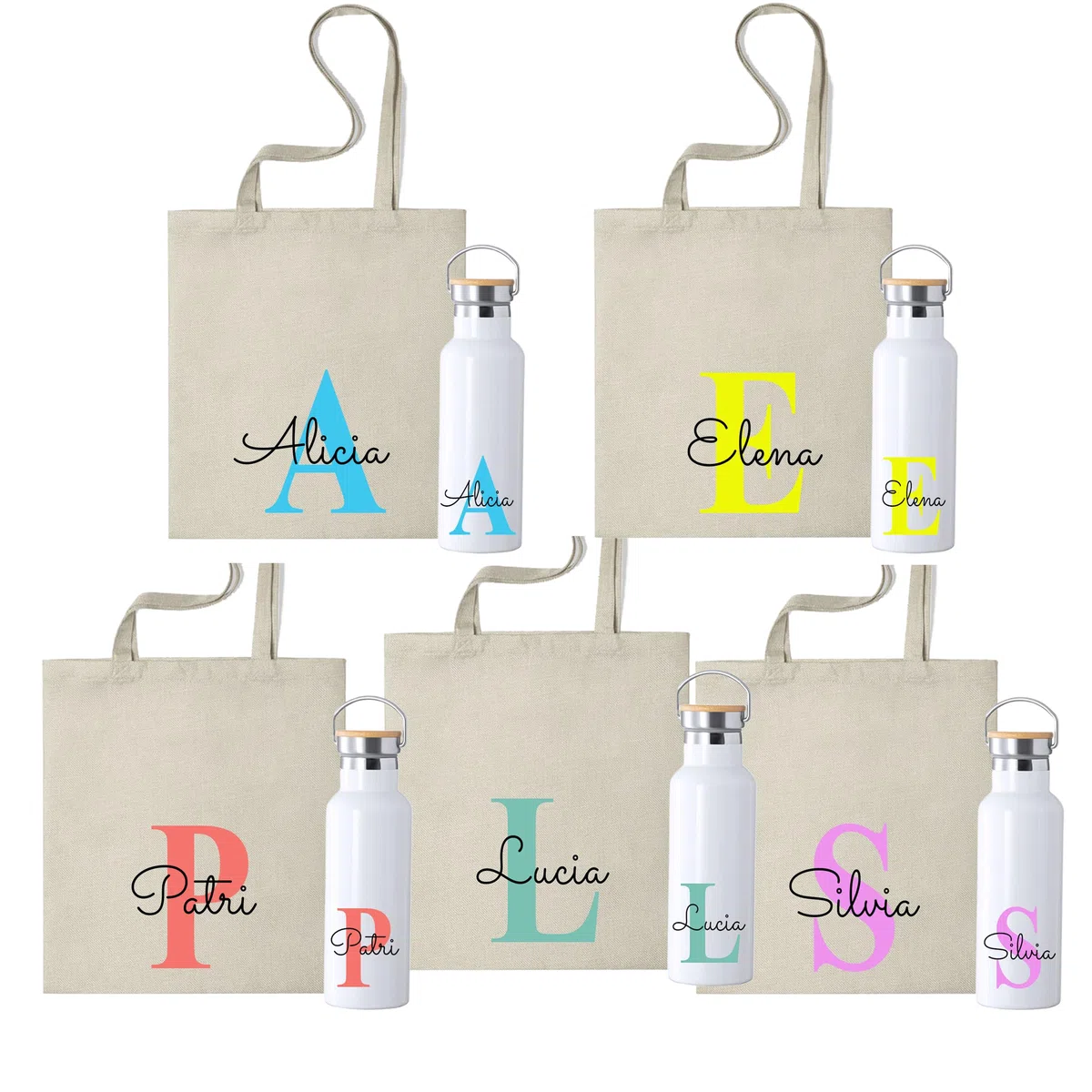 Pack Personalizado con DEDICATORIA Y NOMBRE eh Botella Térmica 500ml y Bolsa de Tela, Diseño con Inicial, Botella Personalizada, regalo profesores