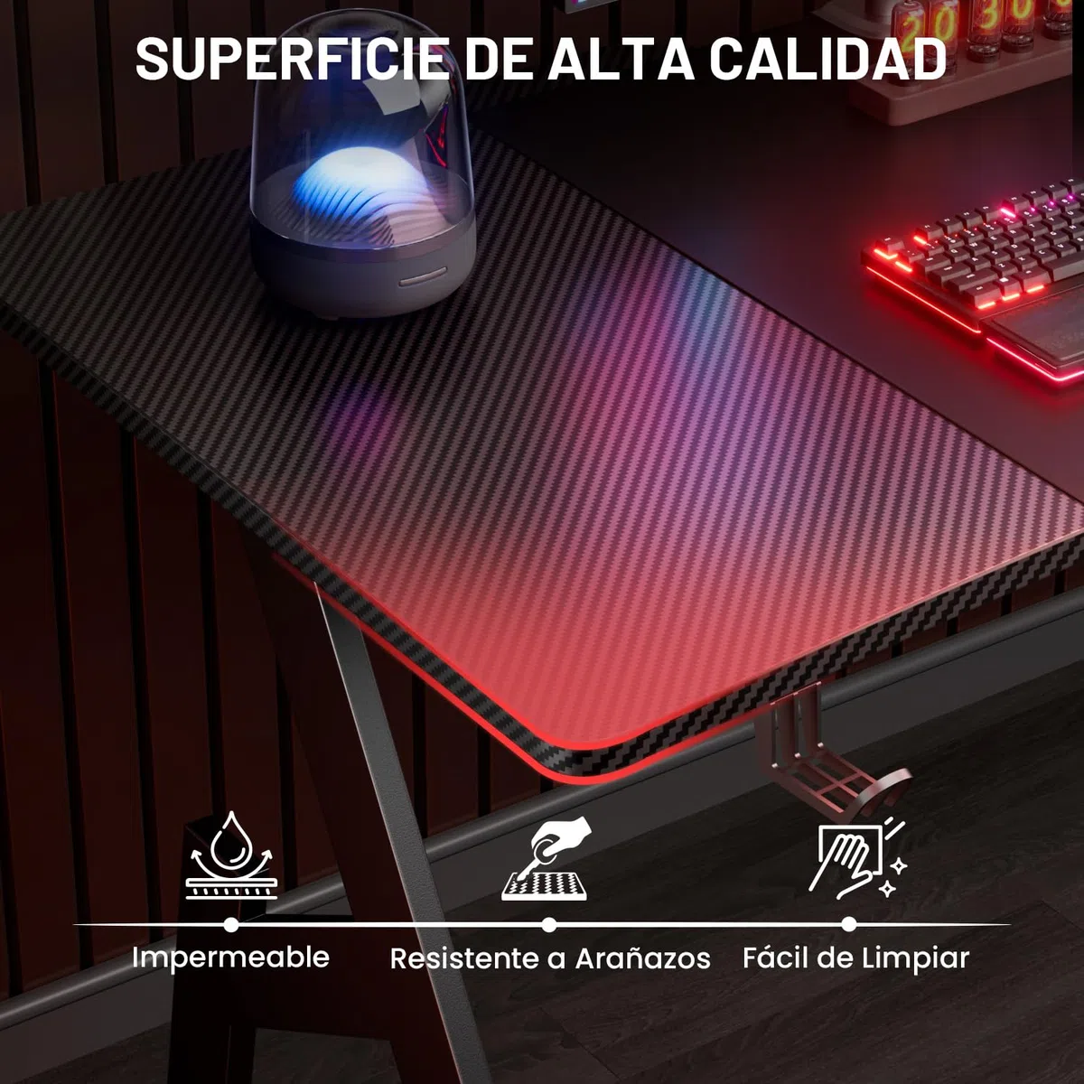 HLFURNIEU Mesa Gaming 120 x 60 cm, Escritorio Gaming Ergonómica, Mesa Gamer de Fibra de Carbono, Mesa para Ordenador con Portavasos y Gancho para Auriculares, Negro