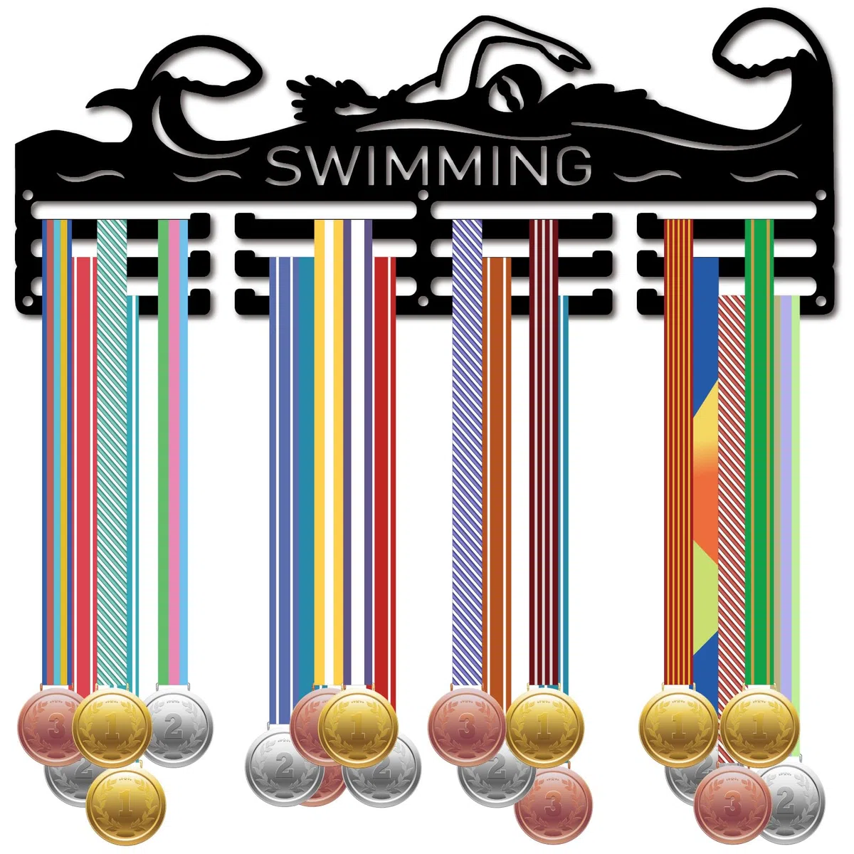 CREATCABIN Colgador de Medallas de Natación, Soporte para Medallas de Natación, Marco de Metal Negro para s Deportivas, Soporte para Colgar Premios, Cintas, Decoración de Montaje En Pared para Más de