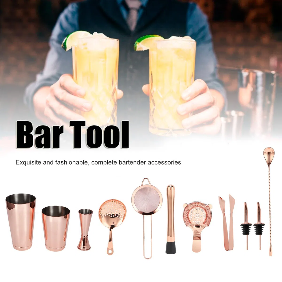 Juego de 11 cocteleras artesanales de acero inoxidable para barman, colador de cócteles, accesorios para fiestas en casa y barman (oro)