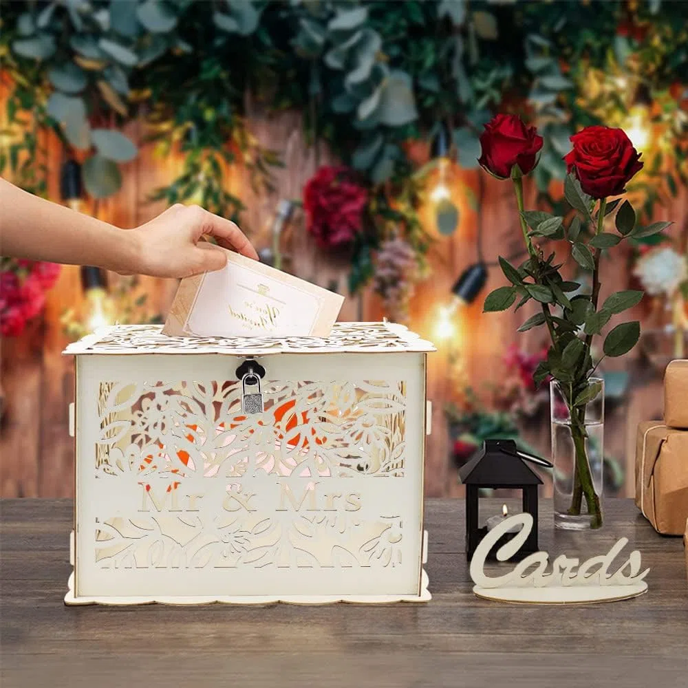 Caja de Madera para Tarjetas de Boda 30x23x23cm - Caja Tarjeta de Regalo Grande con Letrero y Cerradura para Decoración de Boda y Aniversario - Mr & Mrs