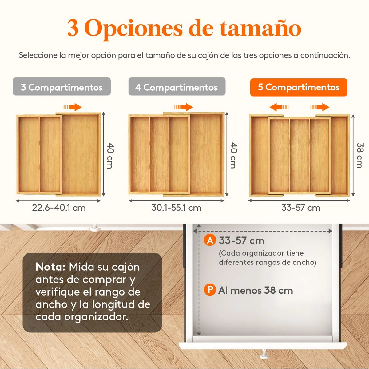 Lifewit Organizador Cajon de Utensilios Cocina, Bandeja para Cuchillos Extensible,Bambu Separador Set Cubiertos, Ajustables Divisores para Almacenaje Herramientas y Gadgets de Espátula, Grande Natural