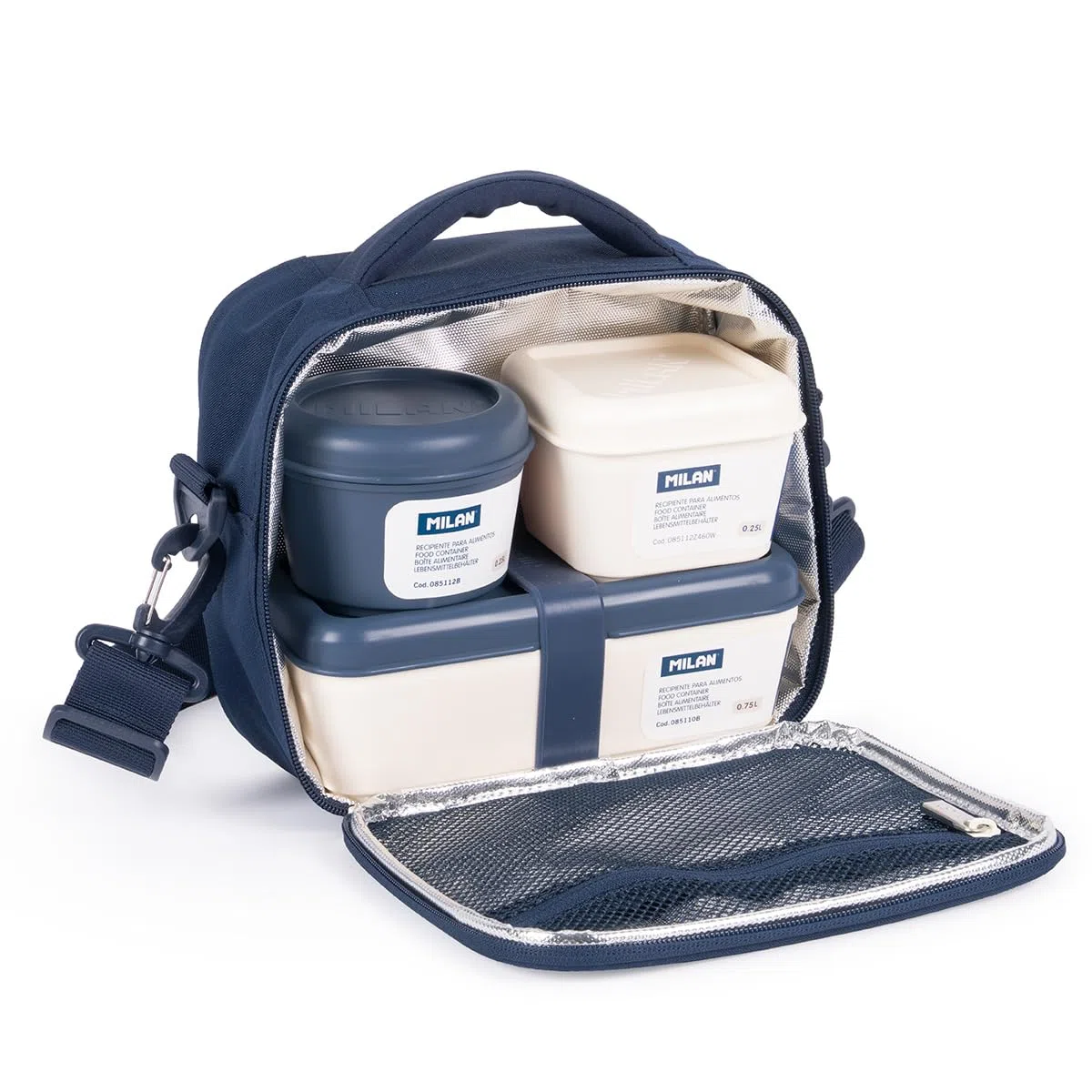 BOLSA ISOTÉRMICA PORTA ALIMENTOS CON 3 RECIPIENTES (3,5L) SERIE 1918, AZUL MARINO MILAN