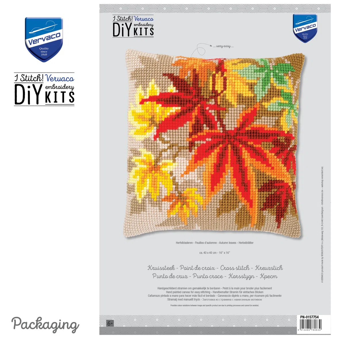 Vervaco Punto De Cruz Kit Cojin Decorativo HOJAS DE OTOÑO Manualidades Adultos Decoracion Bordar Kit Principiantes Completo DIY Bordado Creativo Regalo ca. 40x40 cm Cross Stitch Embroidery