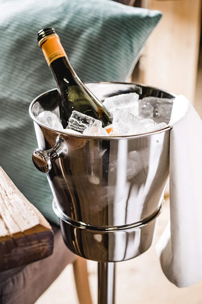 Enfriador de champán sobre pie, enfriador de vino con soporte, enfriador de botellas de acero inoxidable plateado, enfriador para champán, vino y champán, XXL, 80 cm