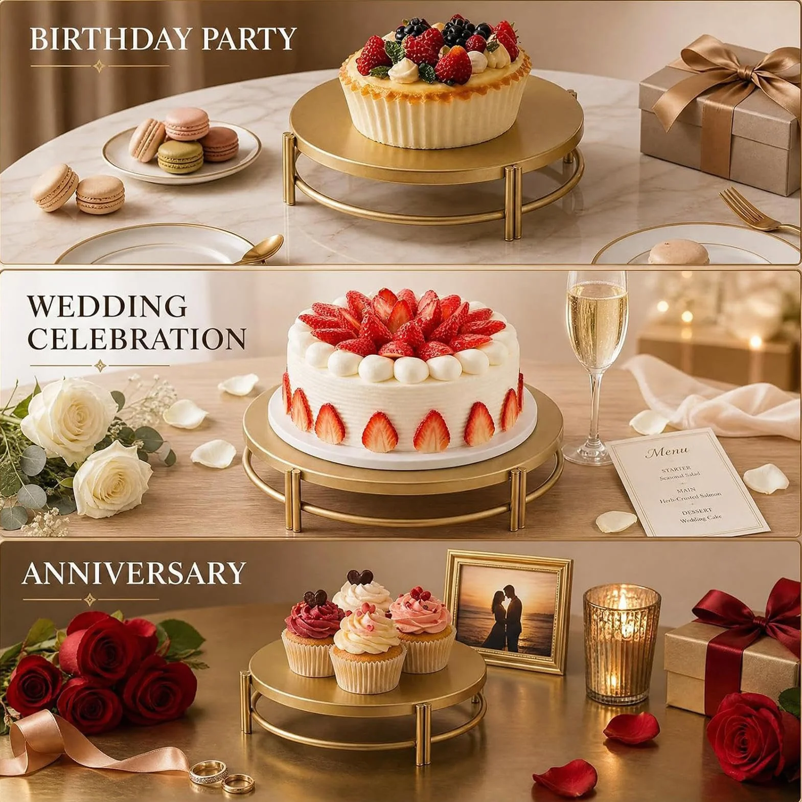 Genérico Expositor De Tartas 3 Piezas Acero Inoxidable Dorado Para Postres | Set De Expositores Para Postres Repostería Charcutería Galletas Bufé Aperitivos Bodas Eventos