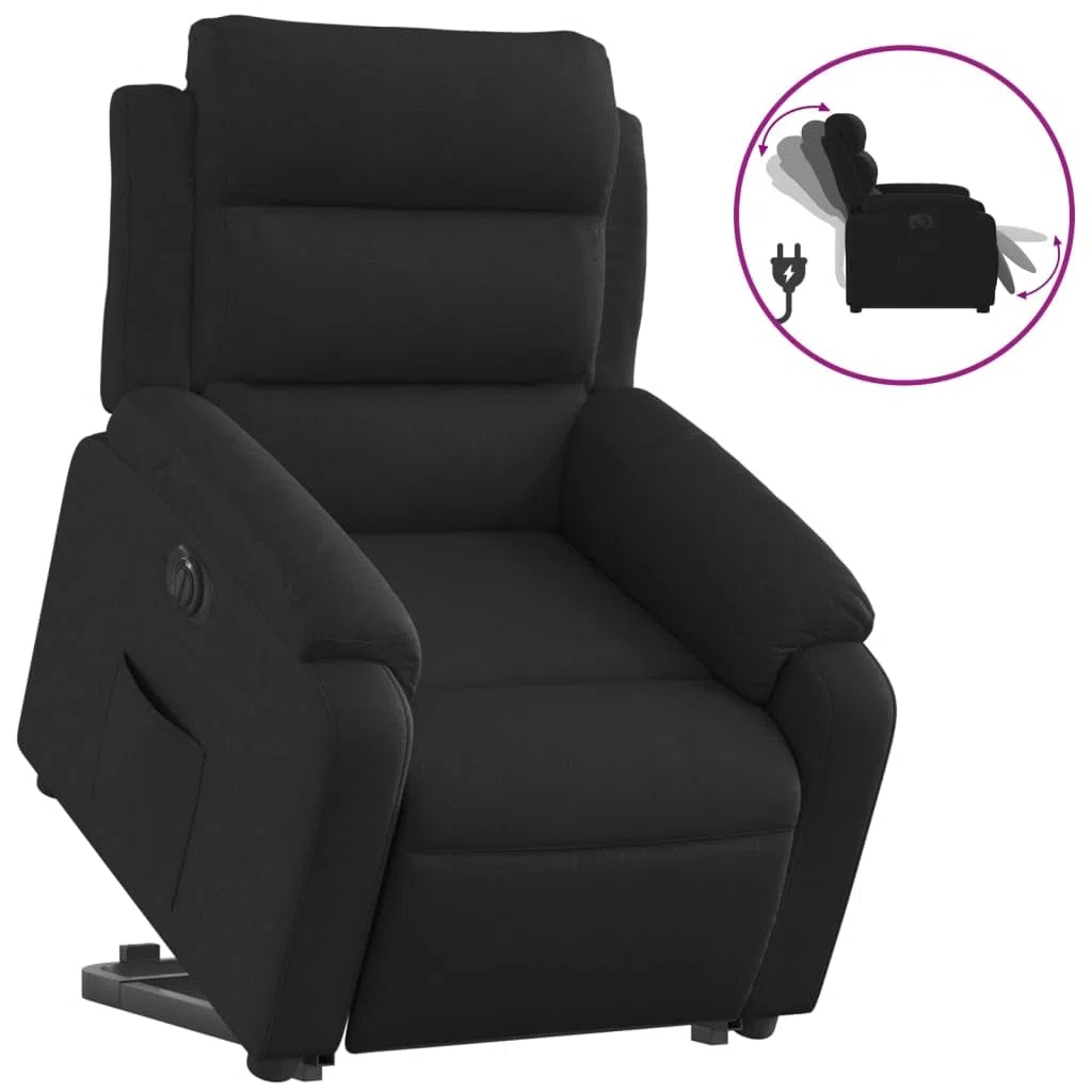 Sillón de relax con función reclinable eléctrica y ayuda para levantarse en tejido negro, respaldo de 135 grados y práctico bolsillo lateral, adecuado para hasta 110 kg